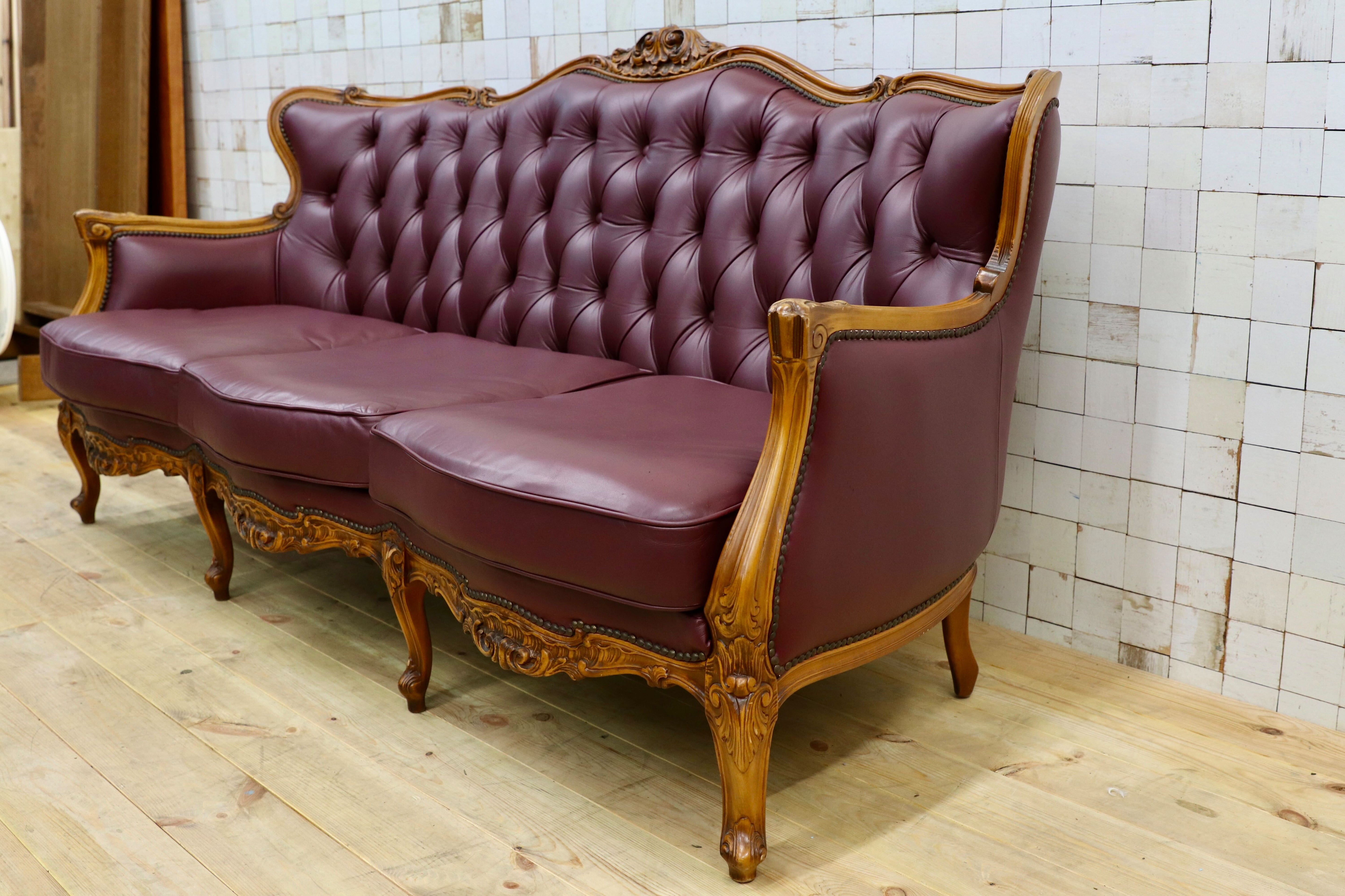 GMHS507○イタリア製 クラシック 3人掛けソファ トリプルソファ 本革 レザー ヴィンテージ 長椅子 応接 チェア 小豆色