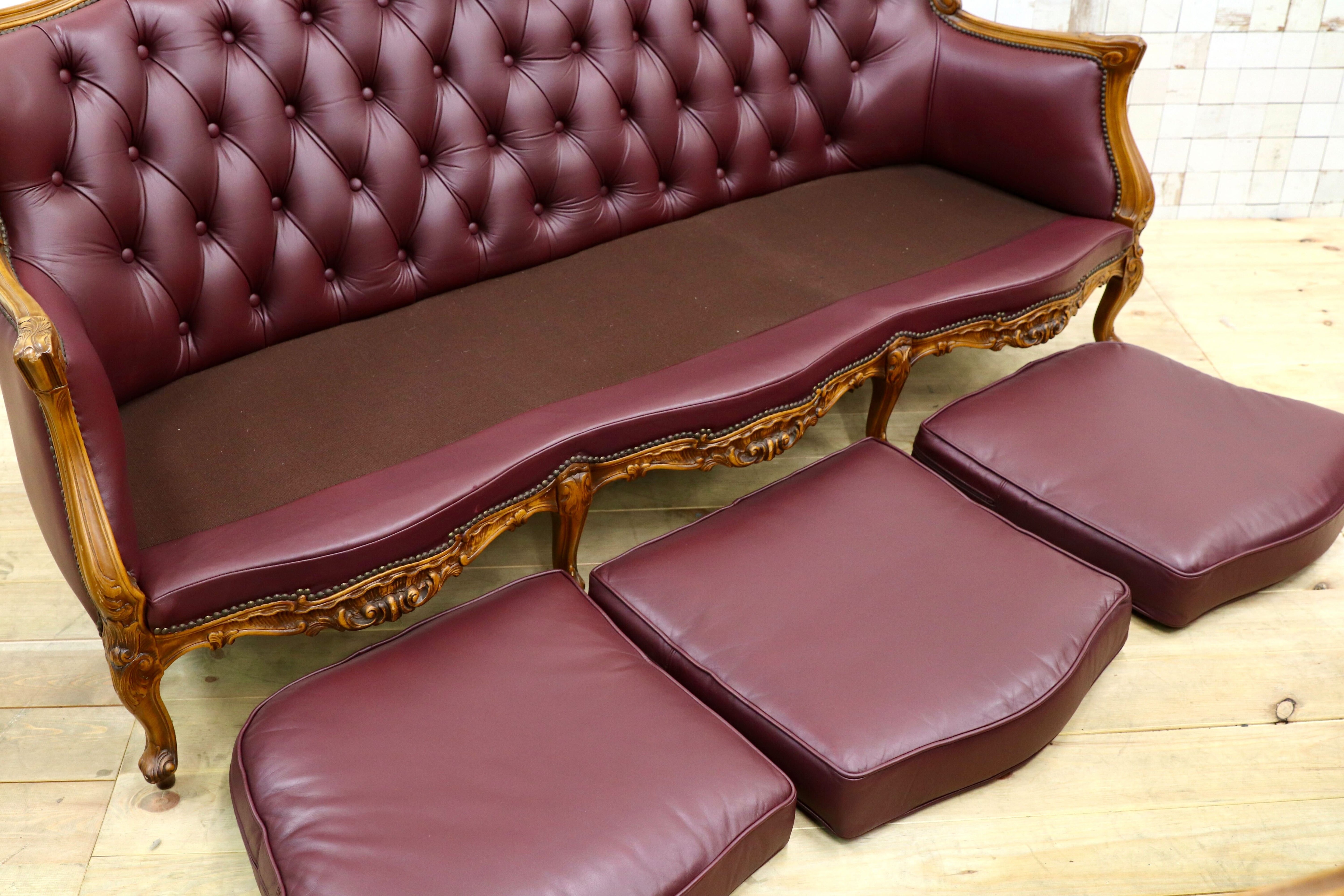 GMHS507○イタリア製 クラシック 3人掛けソファ トリプルソファ 本革 レザー ヴィンテージ 長椅子 応接 チェア 小豆色