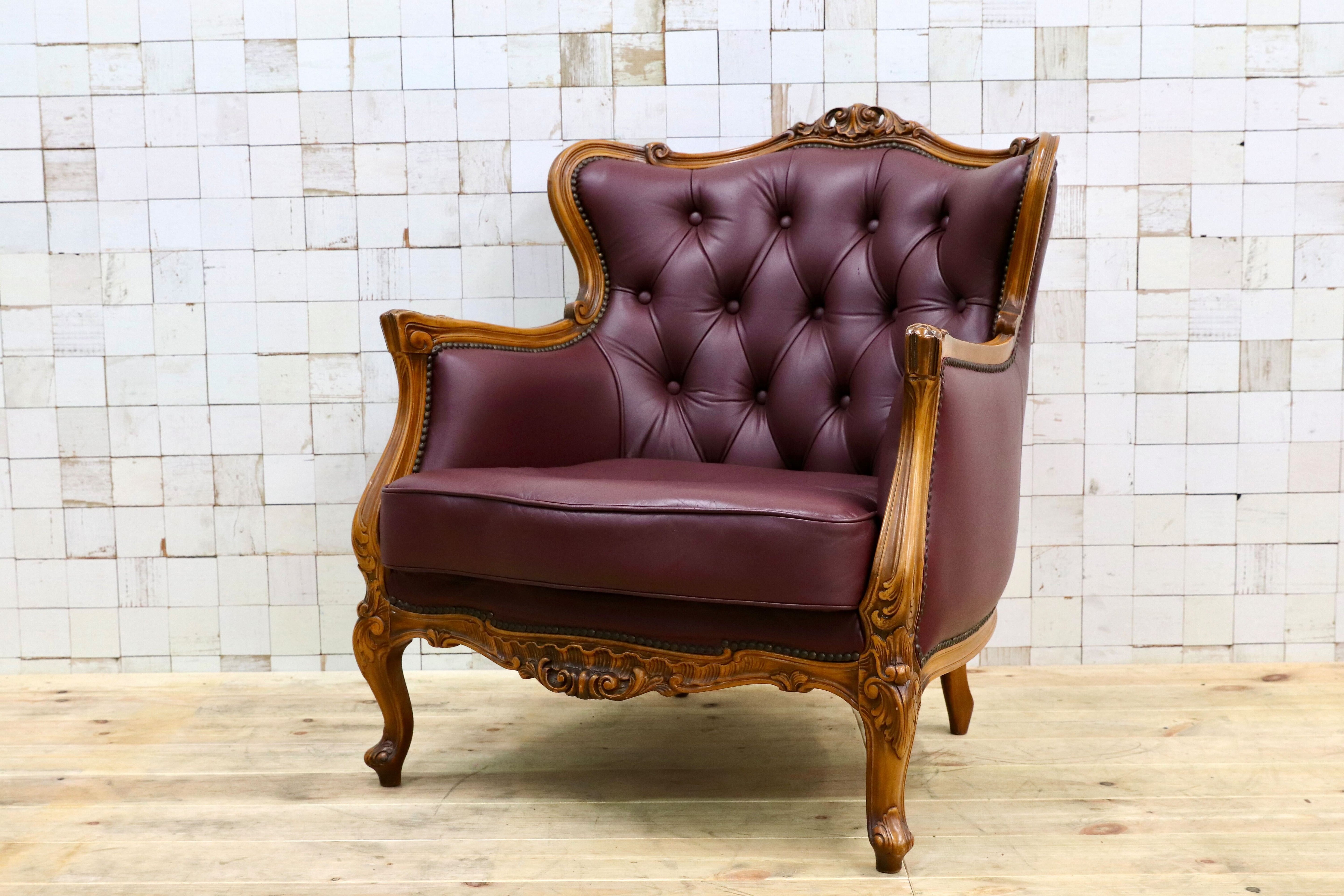 GMHS507A○イタリア製 クラシック 1人掛けソファ シングルソファ 本革 レザー ヴィンテージ 椅子 応接 チェア 小豆色