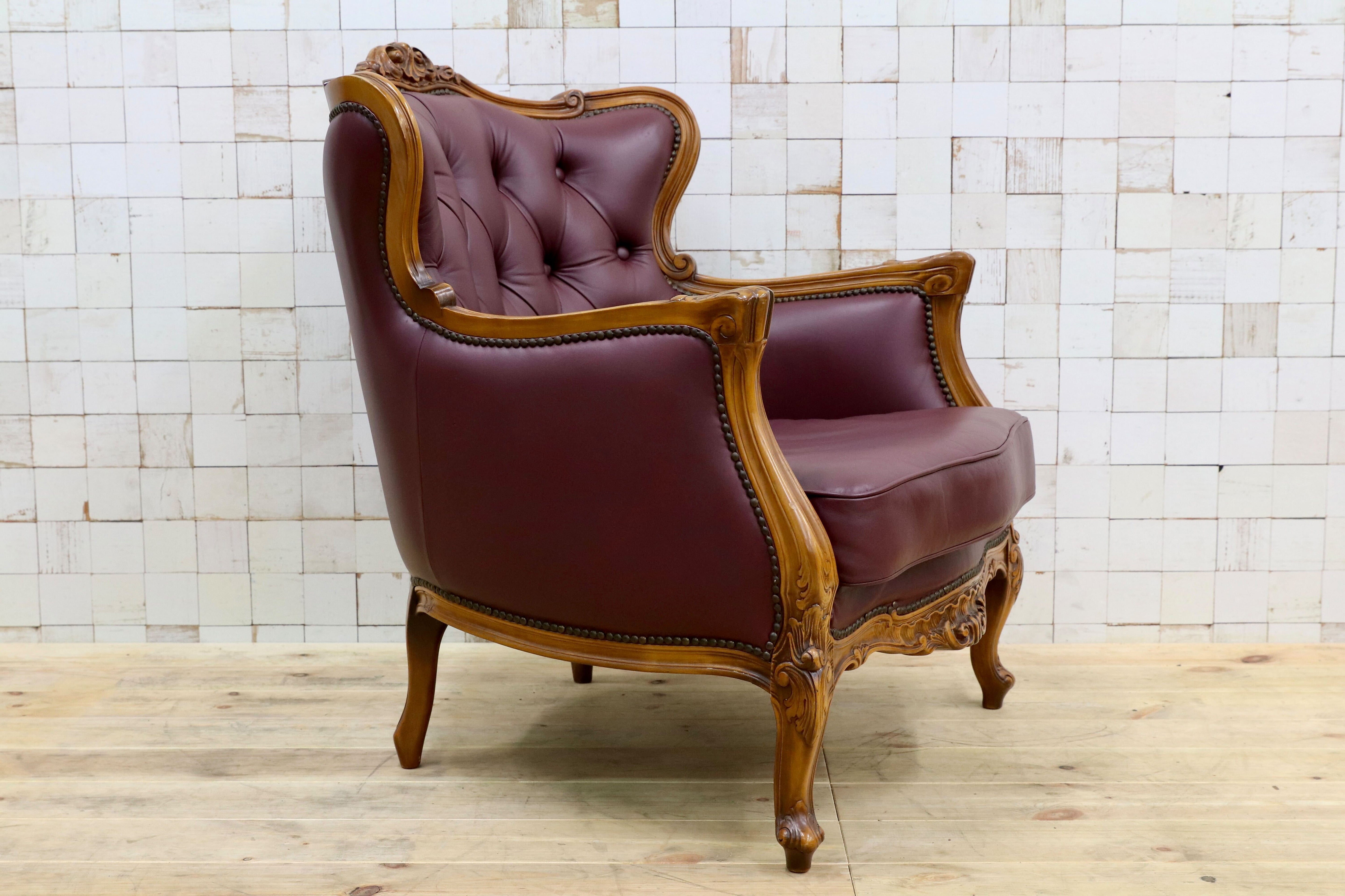 GMHS507A○イタリア製 クラシック 1人掛けソファ シングルソファ 本革 レザー ヴィンテージ 椅子 応接 チェア 小豆色