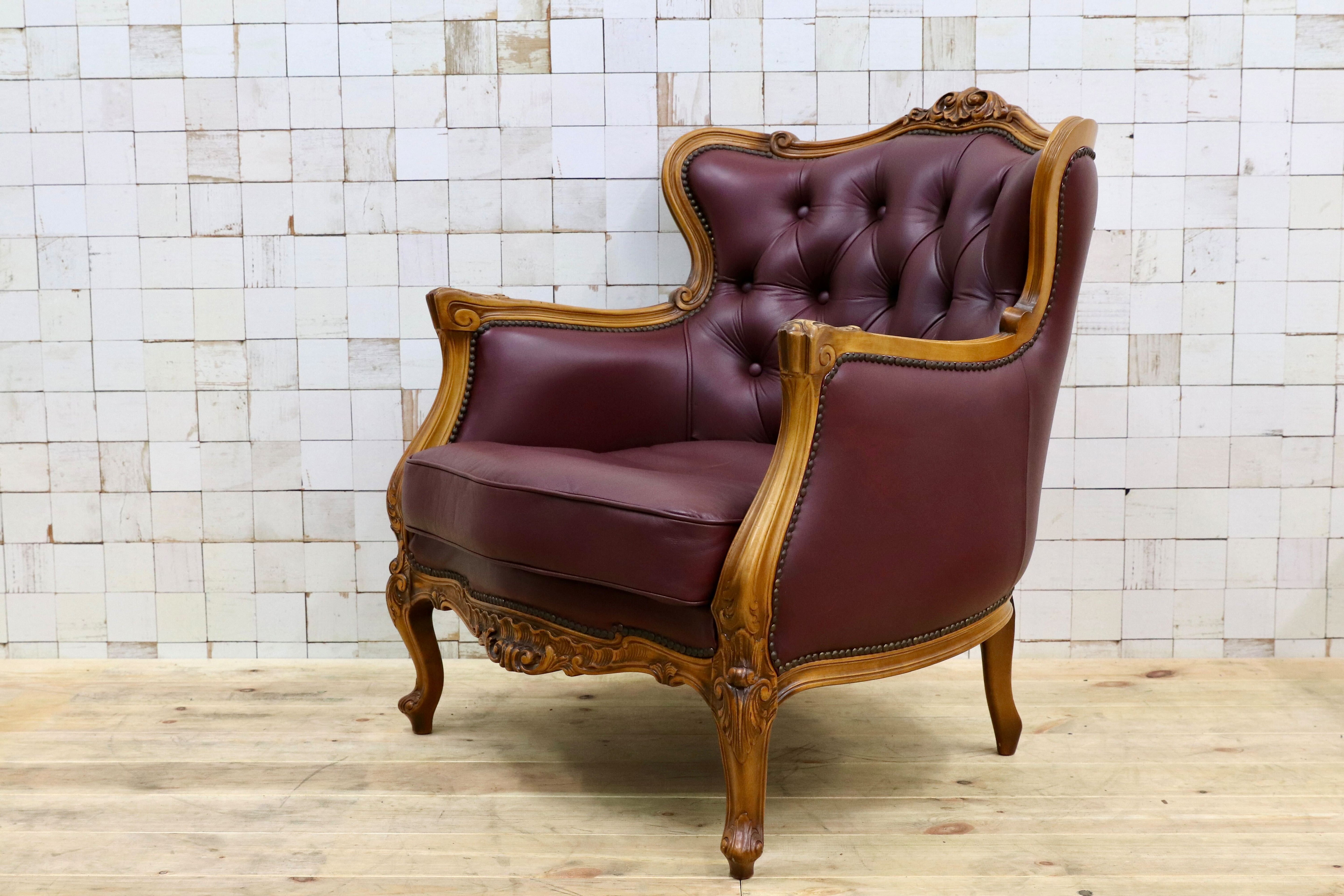 GMHS507B○イタリア製 クラシック 1人掛けソファ シングルソファ 本革 レザー ヴィンテージ 椅子 応接 チェア 小豆色