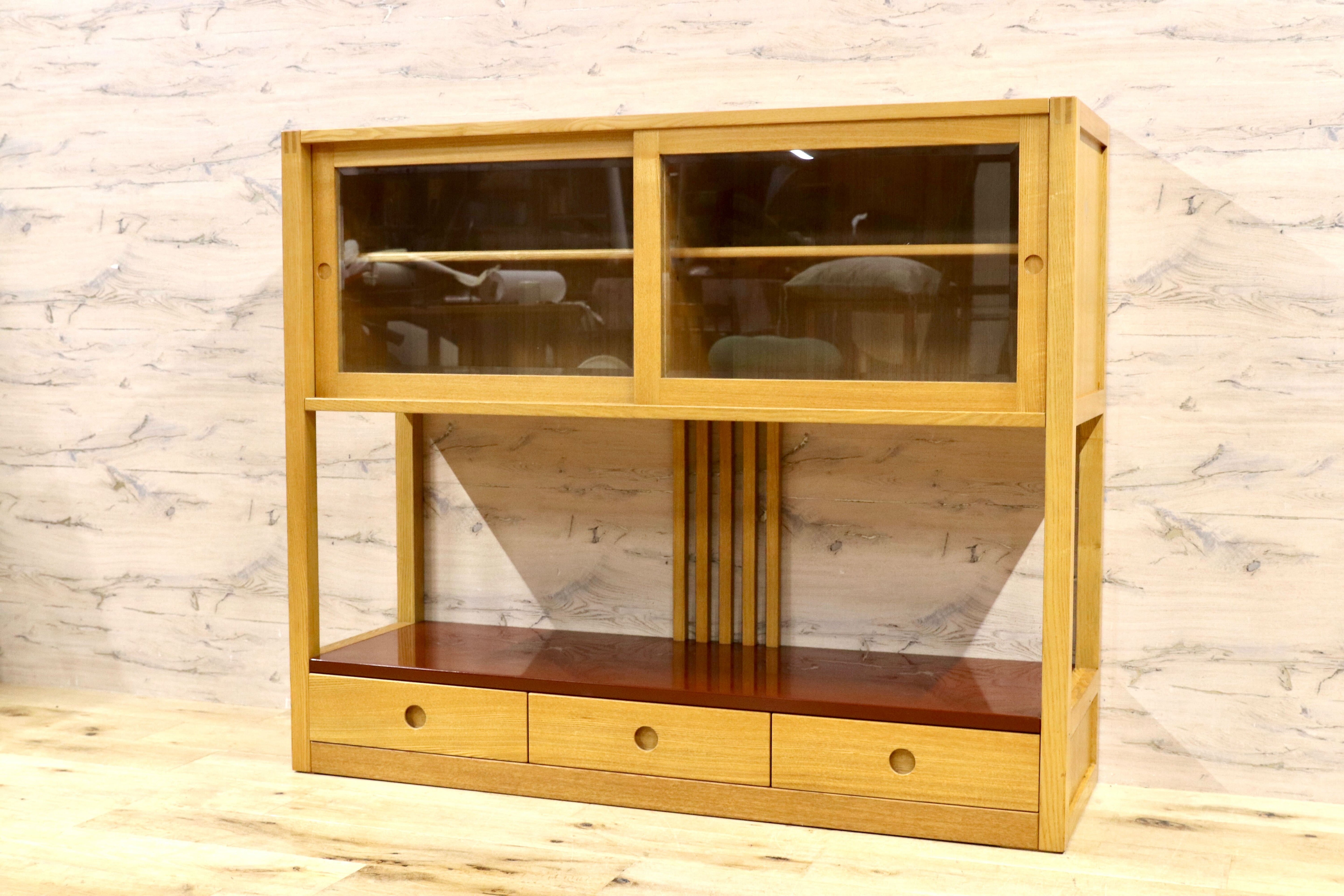 GMHS319○萩原家具 サイドボード リビングボード 茶棚 飾り棚 和モダン レトロ 漆塗 木製 検)モリシゲ