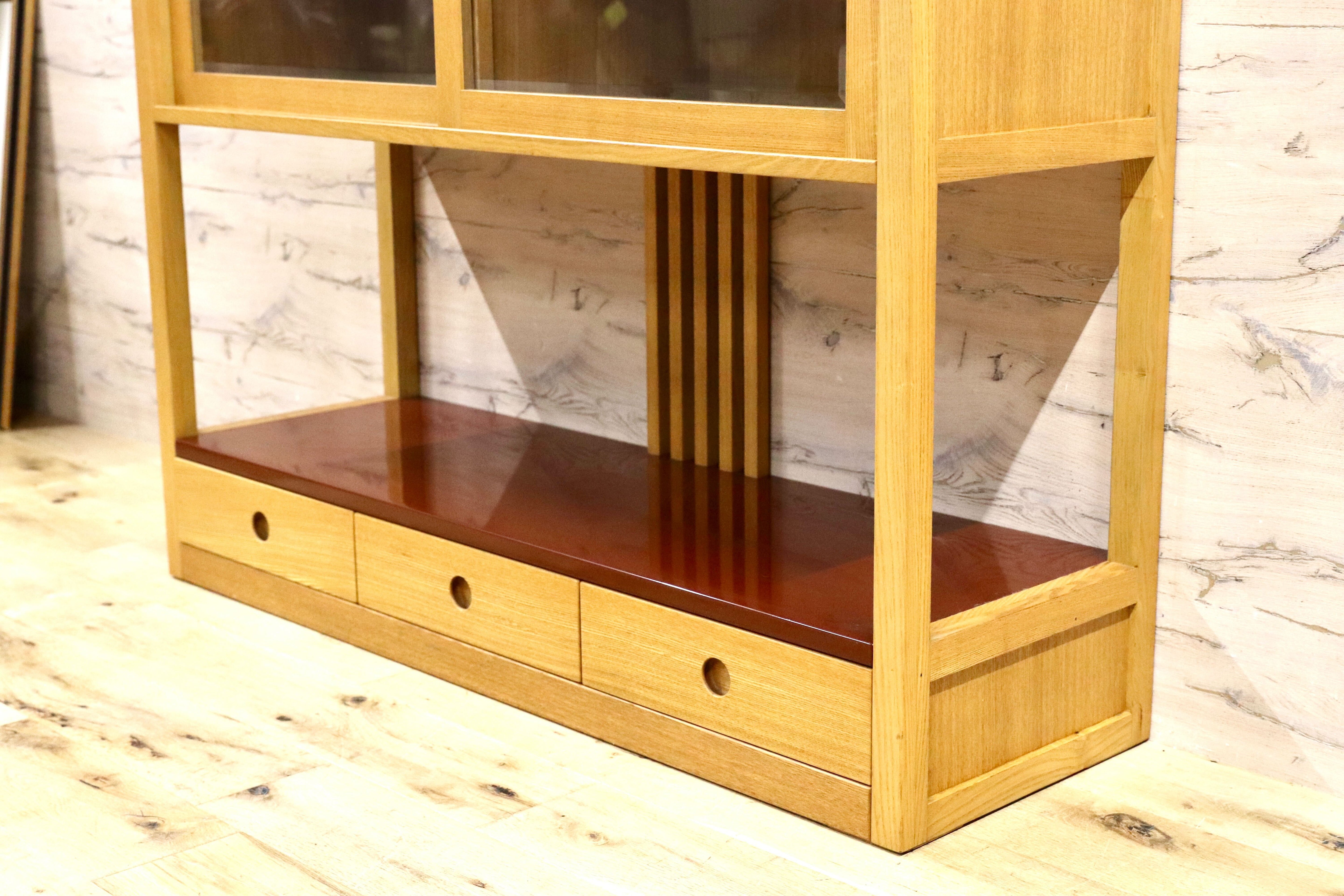 GMHS319○萩原家具 サイドボード リビングボード 茶棚 飾り棚 和モダン レトロ 漆塗 木製 検)モリシゲ