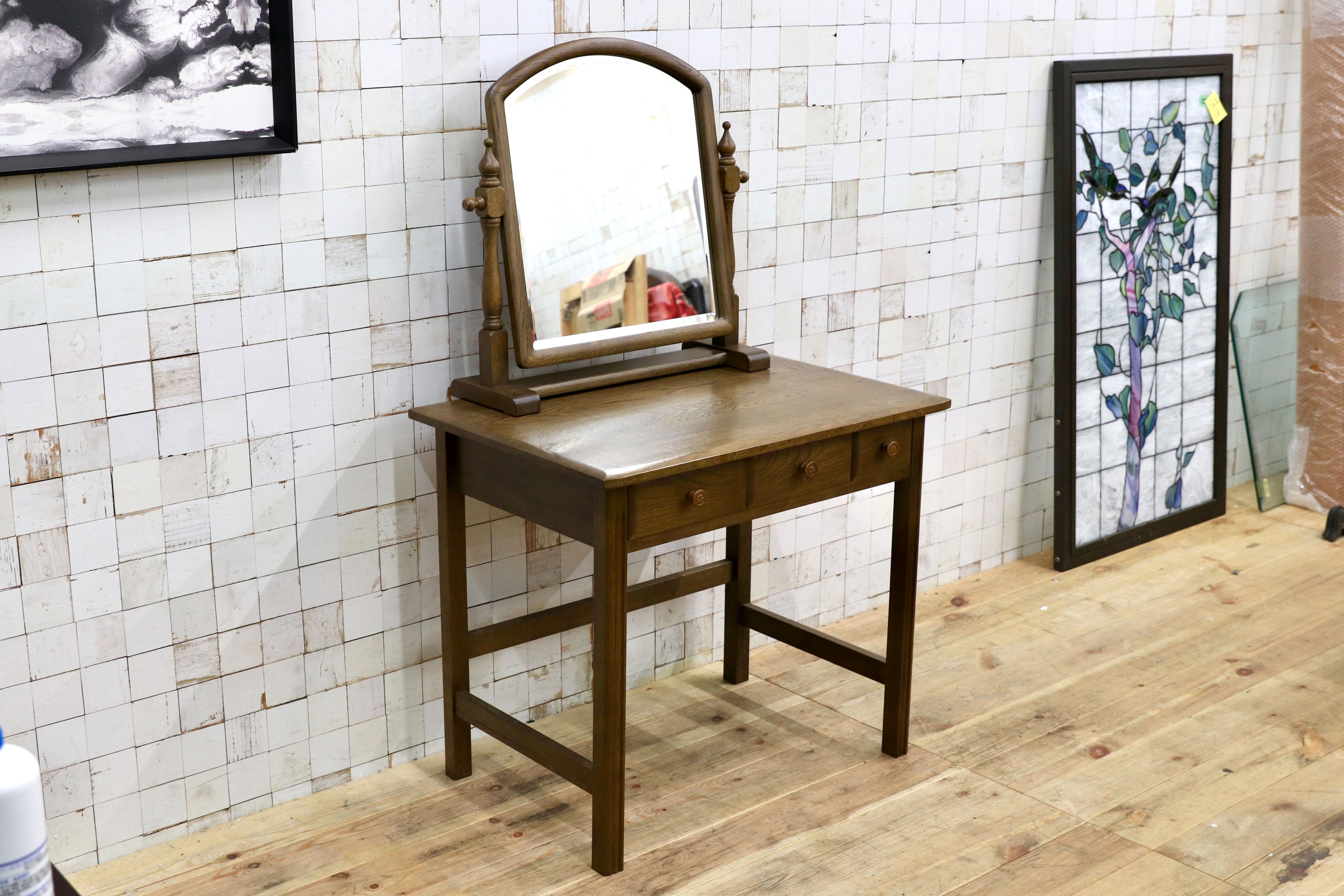 GMIS534○山室家具 ESPOIR エスポアール デスク ドレッサー 作業台 書斎机 置きミラー クラシック 楢材 無垢 旭川家具 レトロ