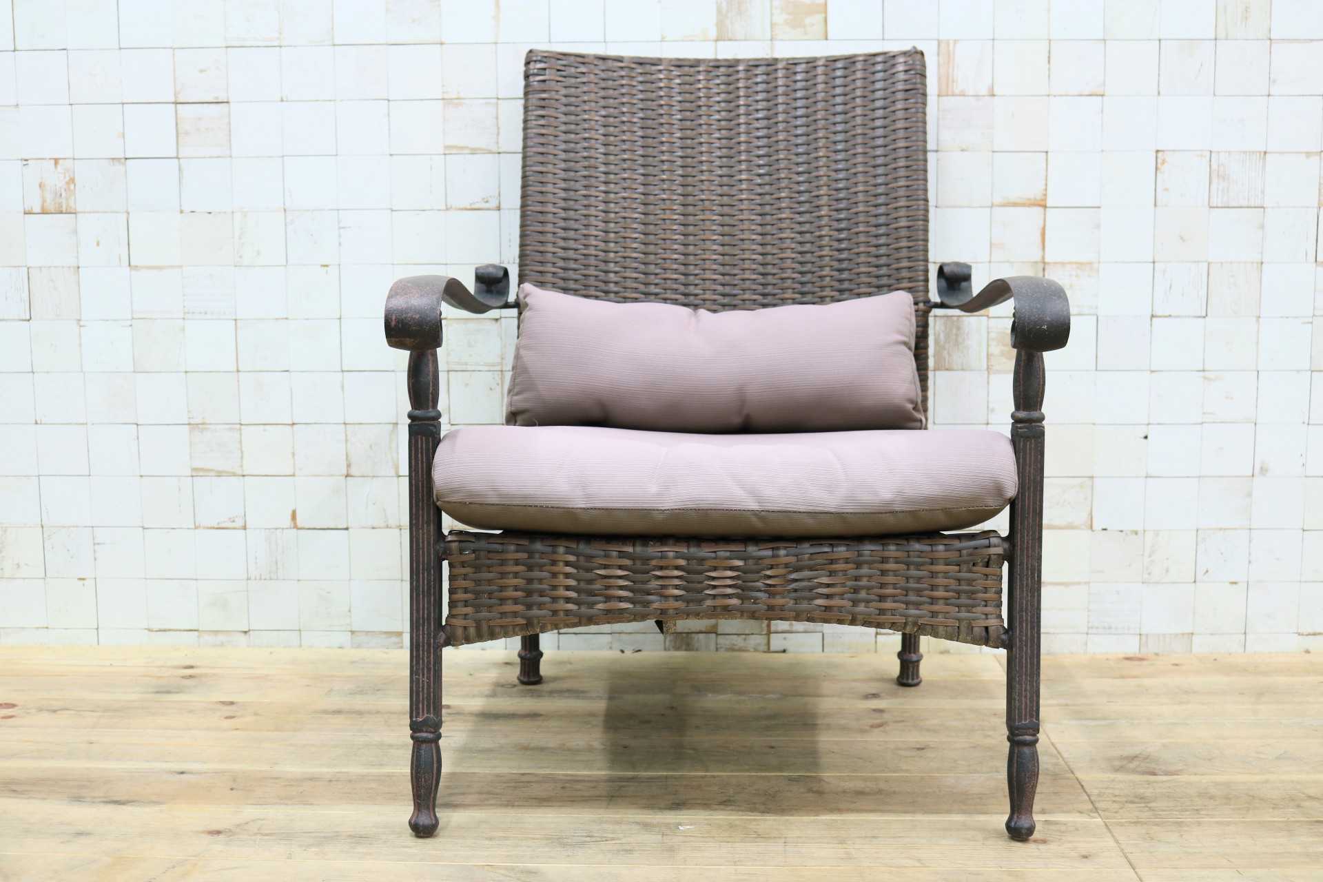 GMIK706B○ガーデンチェア アームチェア ラウンジチェア 椅子 一人掛け 編み込み 金属フレーム ブラウン ラタン調