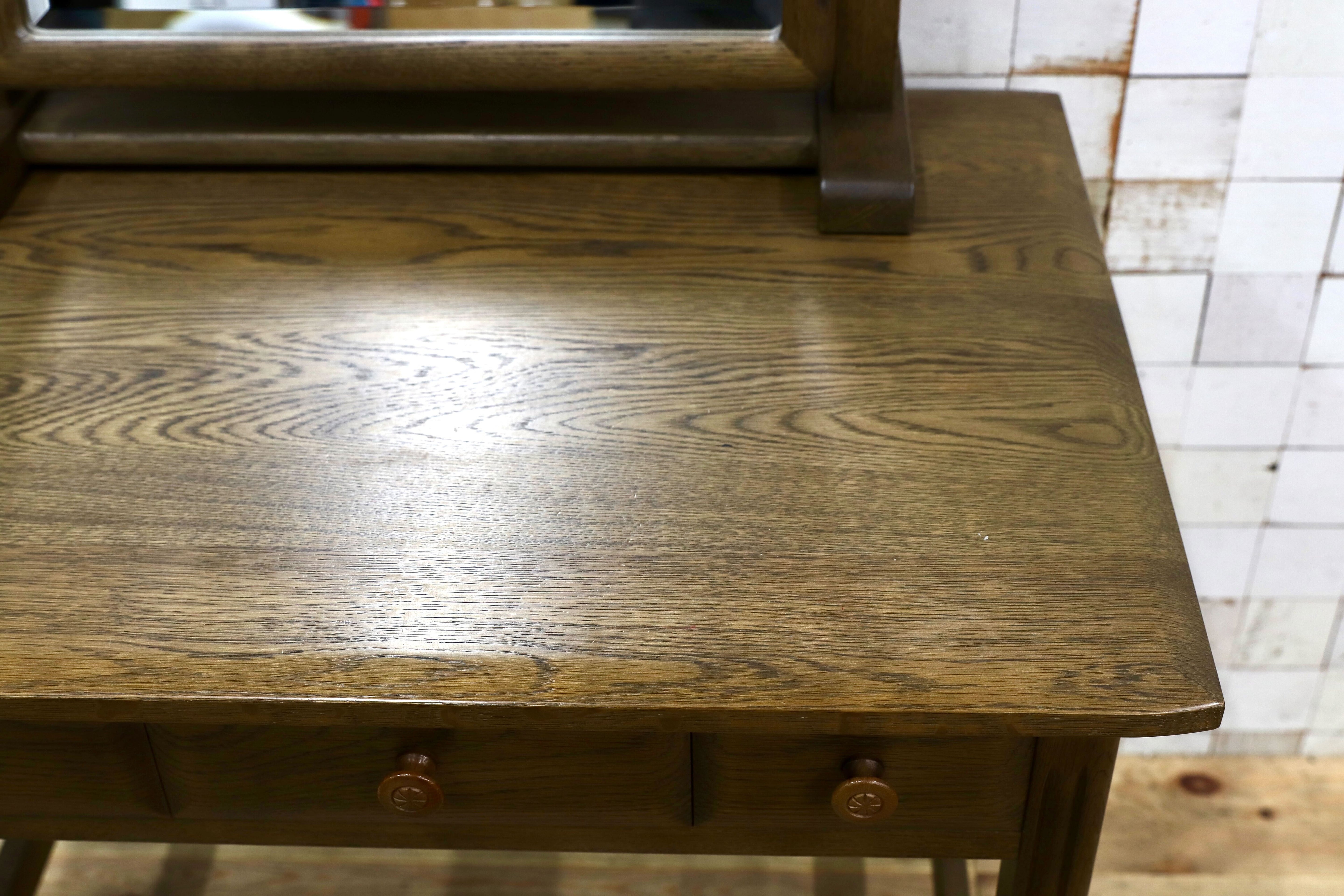 GMIS534○山室家具 ESPOIR エスポアール デスク ドレッサー 作業台 書斎机 置きミラー クラシック 楢材 無垢 旭川家具 レトロ