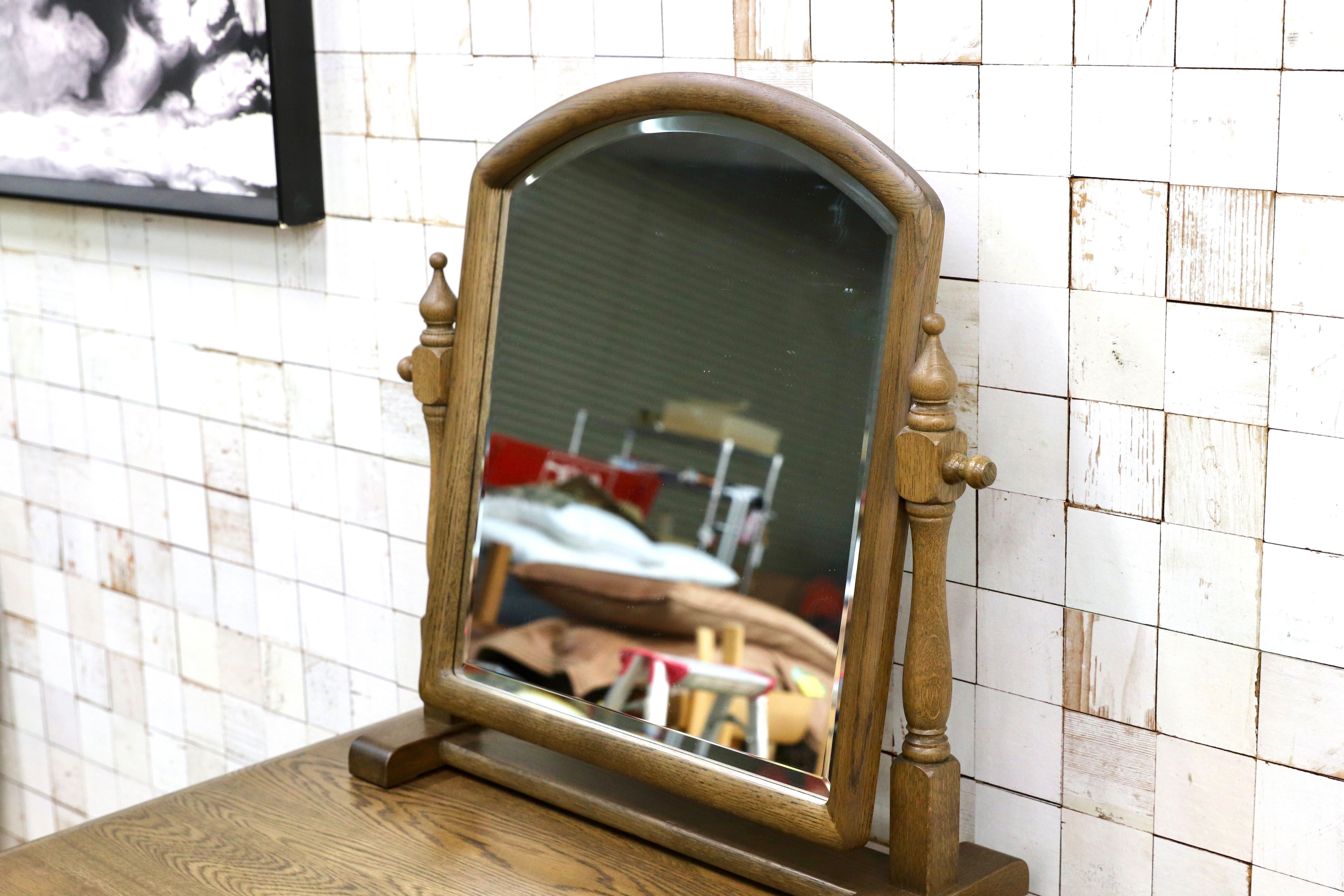 GMIS534○山室家具 ESPOIR エスポアール デスク ドレッサー 作業台 書斎机 置きミラー クラシック 楢材 無垢 旭川家具 レトロ