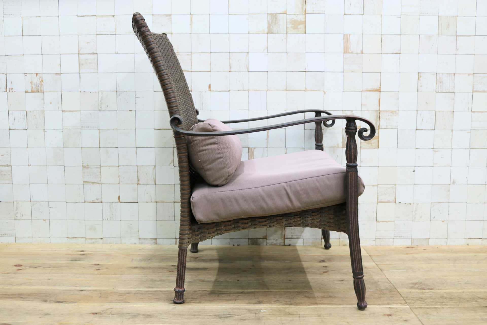 GMIK706B○ガーデンチェア アームチェア ラウンジチェア 椅子 一人掛け 編み込み 金属フレーム ブラウン ラタン調