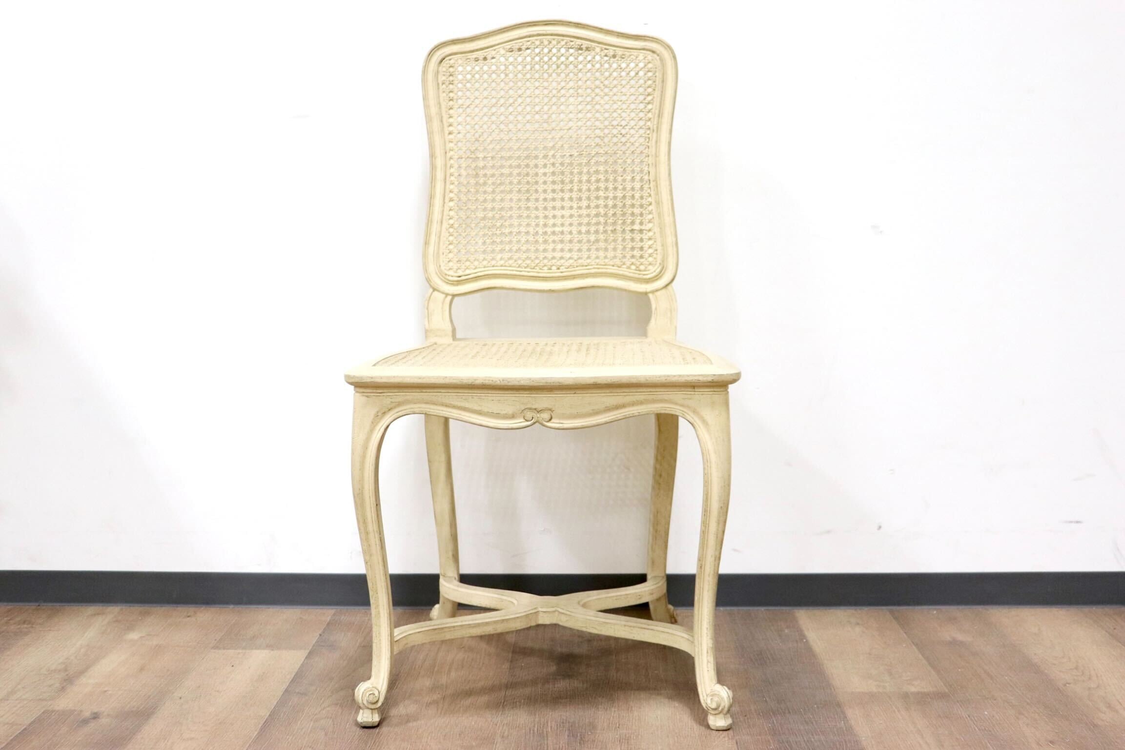 GMGS225G○フレンチカントリー シャビーシック ダイニングチェア ロココ調 ラタン 籐 ホワイトウォッシュ 猫脚 アンティーク フランス製