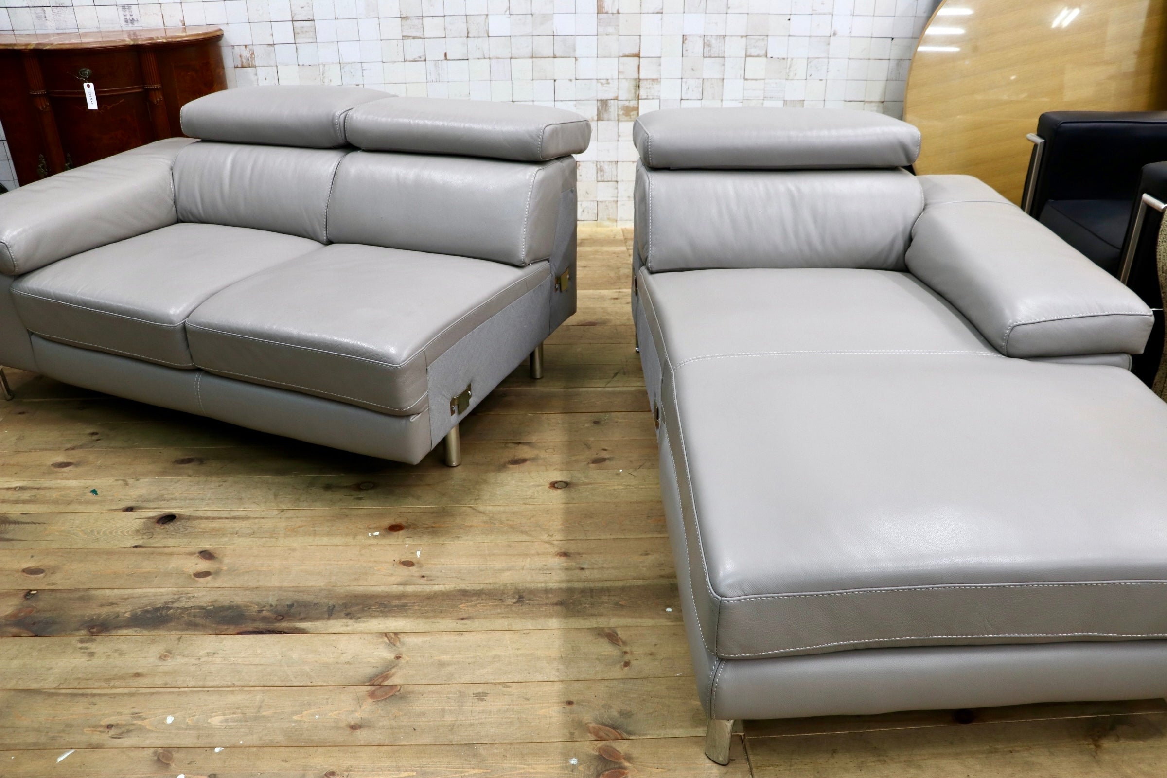 GMJK195○Leather World / レザーワールド カウチソファ 本革 グレー 3人掛け ヘッドレスト可動 L字ソファ モダン