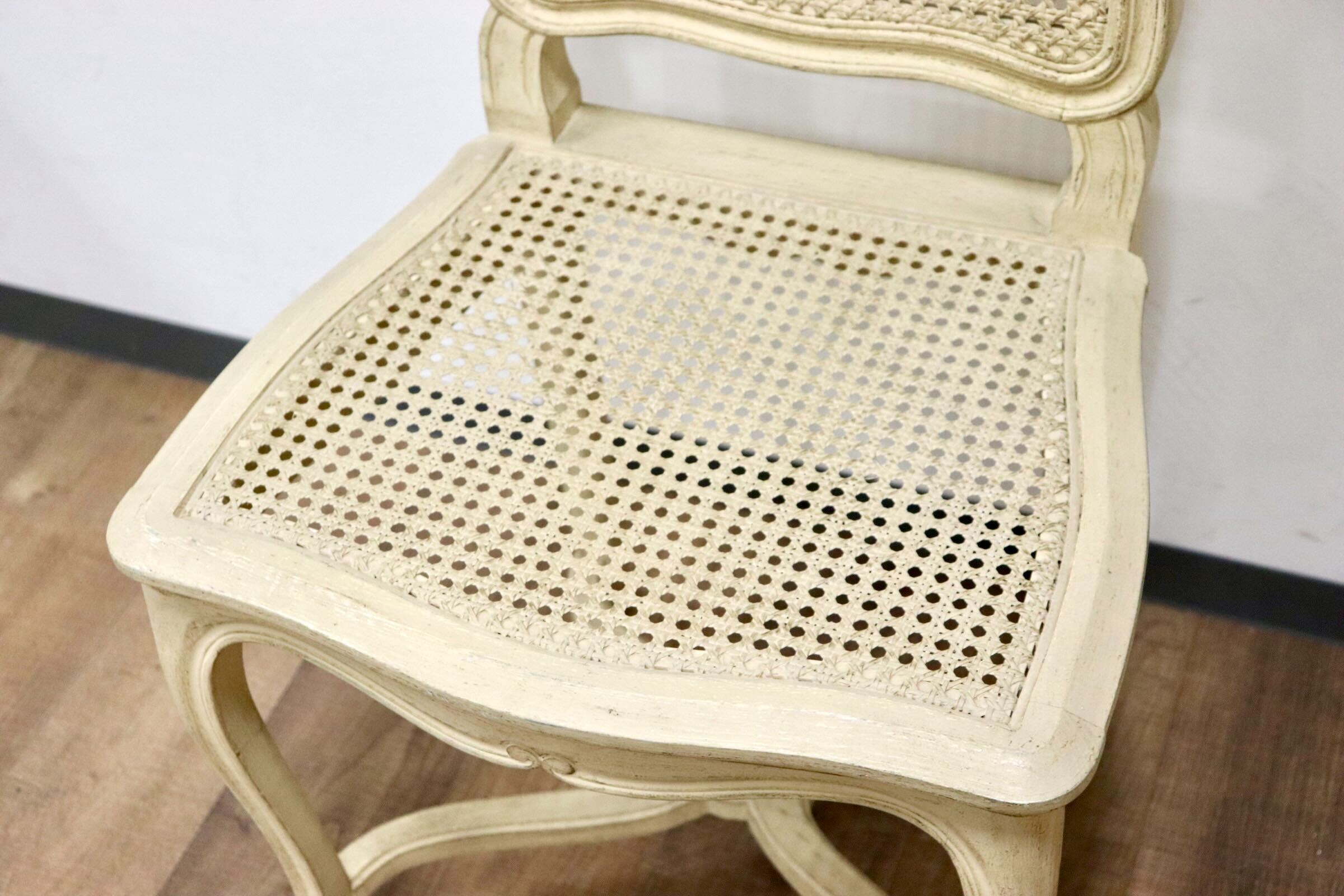 GMGS225G○フレンチカントリー シャビーシック ダイニングチェア ロココ調 ラタン 籐 ホワイトウォッシュ 猫脚 アンティーク フランス製