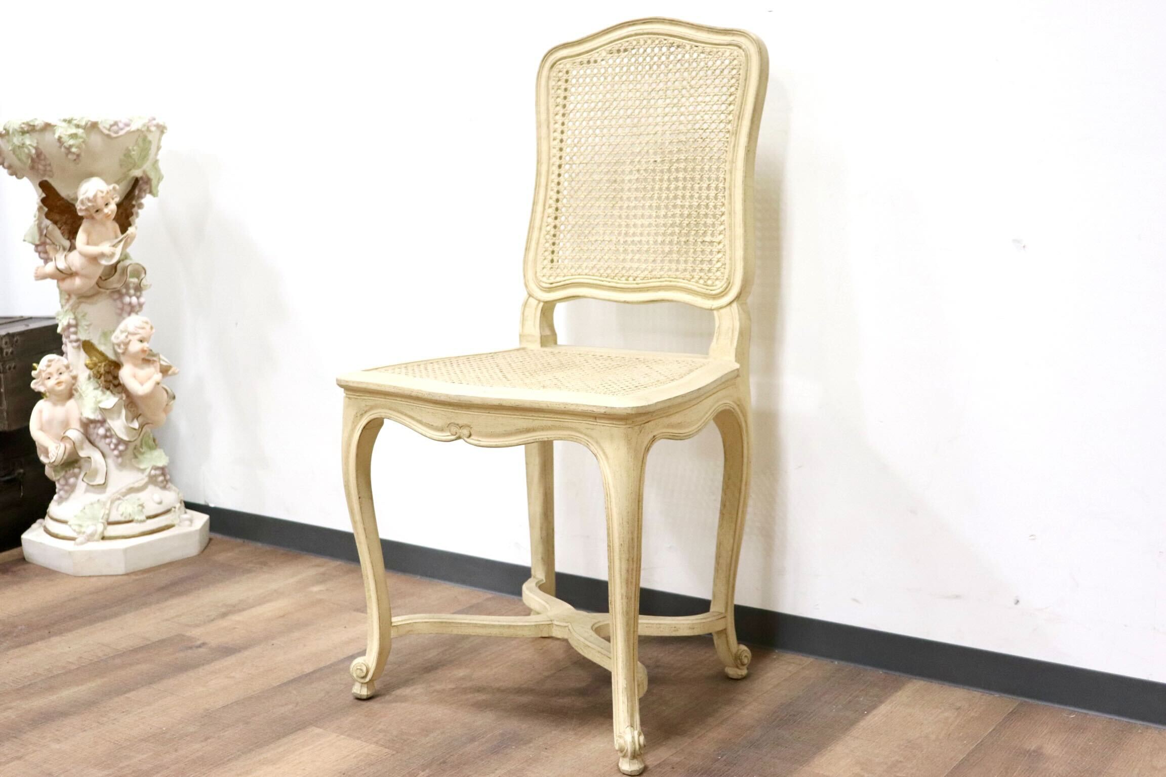 GMGS225G○フレンチカントリー シャビーシック ダイニングチェア ロココ調 ラタン 籐 ホワイトウォッシュ 猫脚 アンティーク フランス製