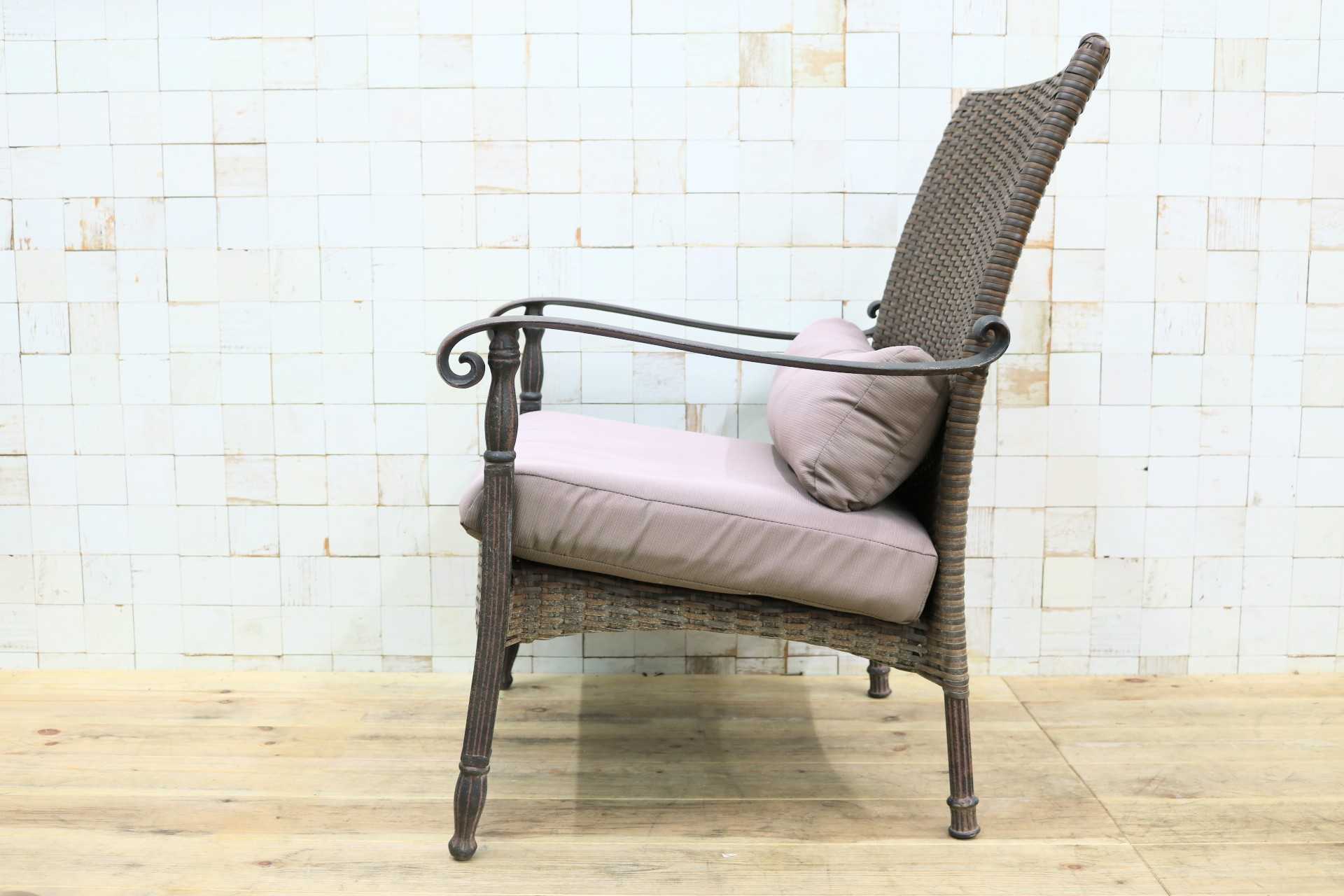 GMIK706B○ガーデンチェア アームチェア ラウンジチェア 椅子 一人掛け 編み込み 金属フレーム ブラウン ラタン調