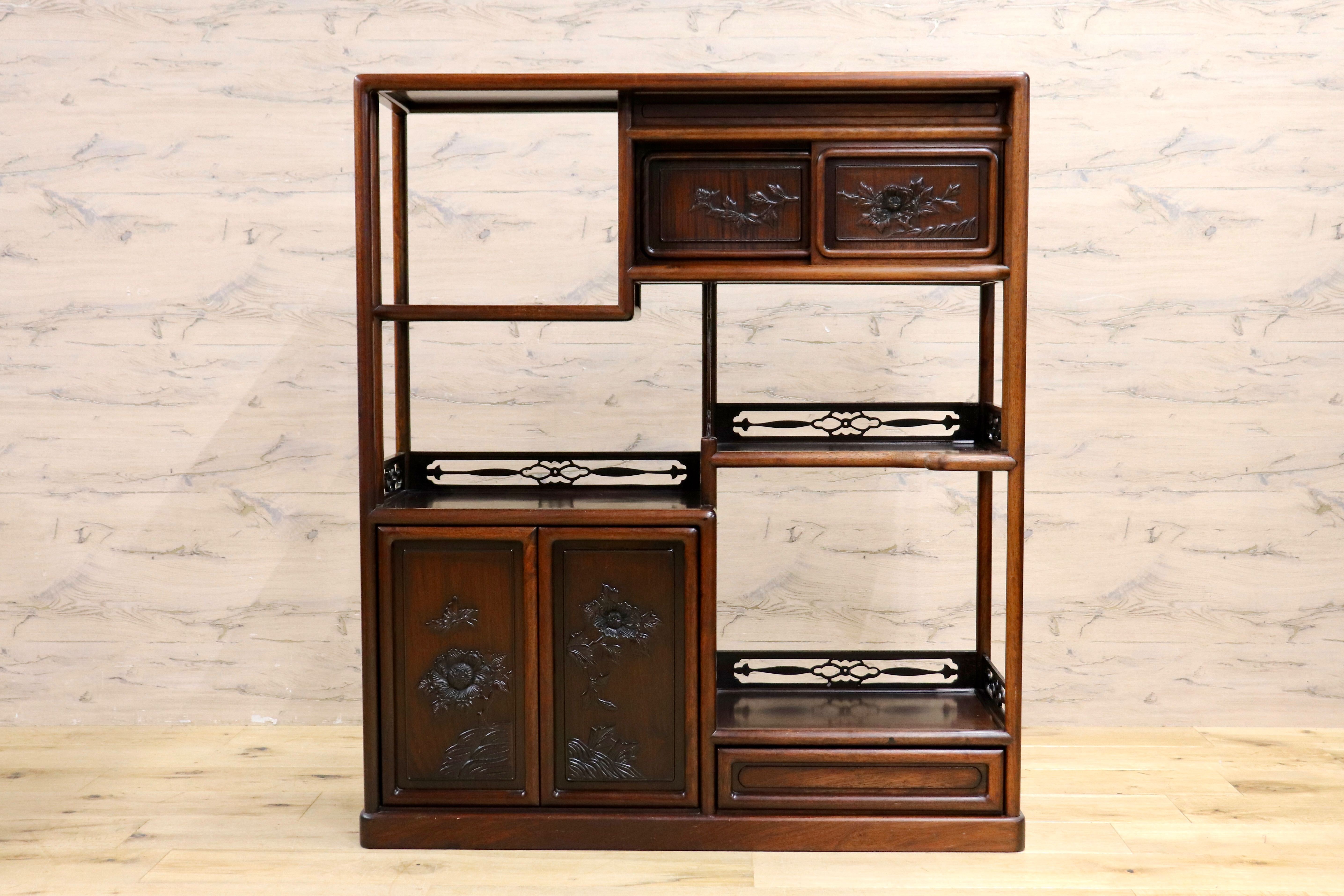 GMIH342○唐木家具 茶棚 茶箪笥 飾り棚 サイドボード 和家具 和室 座敷 古民家 古美術 透かし彫り 和製 アンティーク