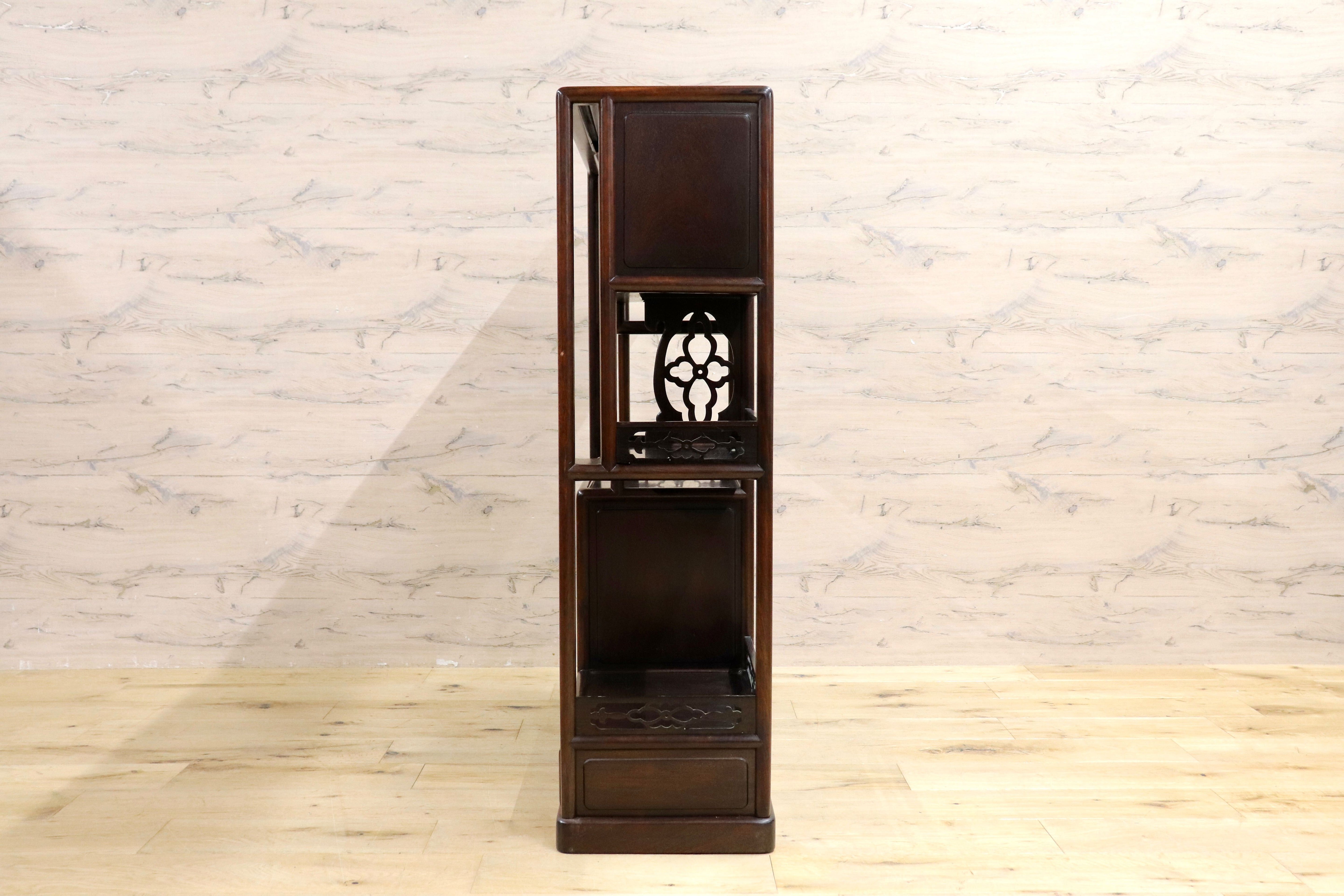 GMIH342○唐木家具 茶棚 茶箪笥 飾り棚 サイドボード 和家具 和室 座敷 古民家 古美術 透かし彫り 和製 アンティーク