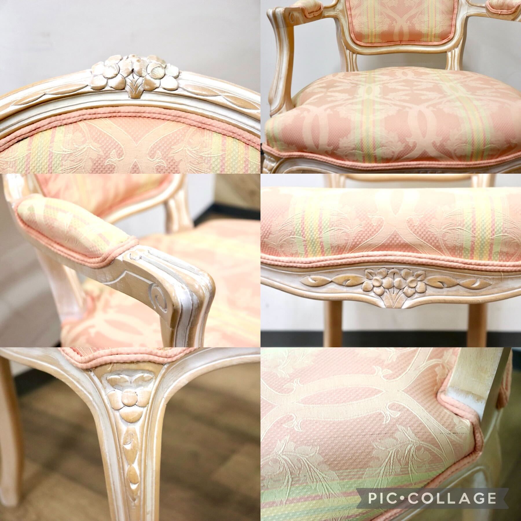 GMGO23B○西洋 アンティーク調 ダイニングチェア アームチェア 椅子 ロココ調 ファブリック 彫刻 刺繍 猫脚 シャビーシック クラシック