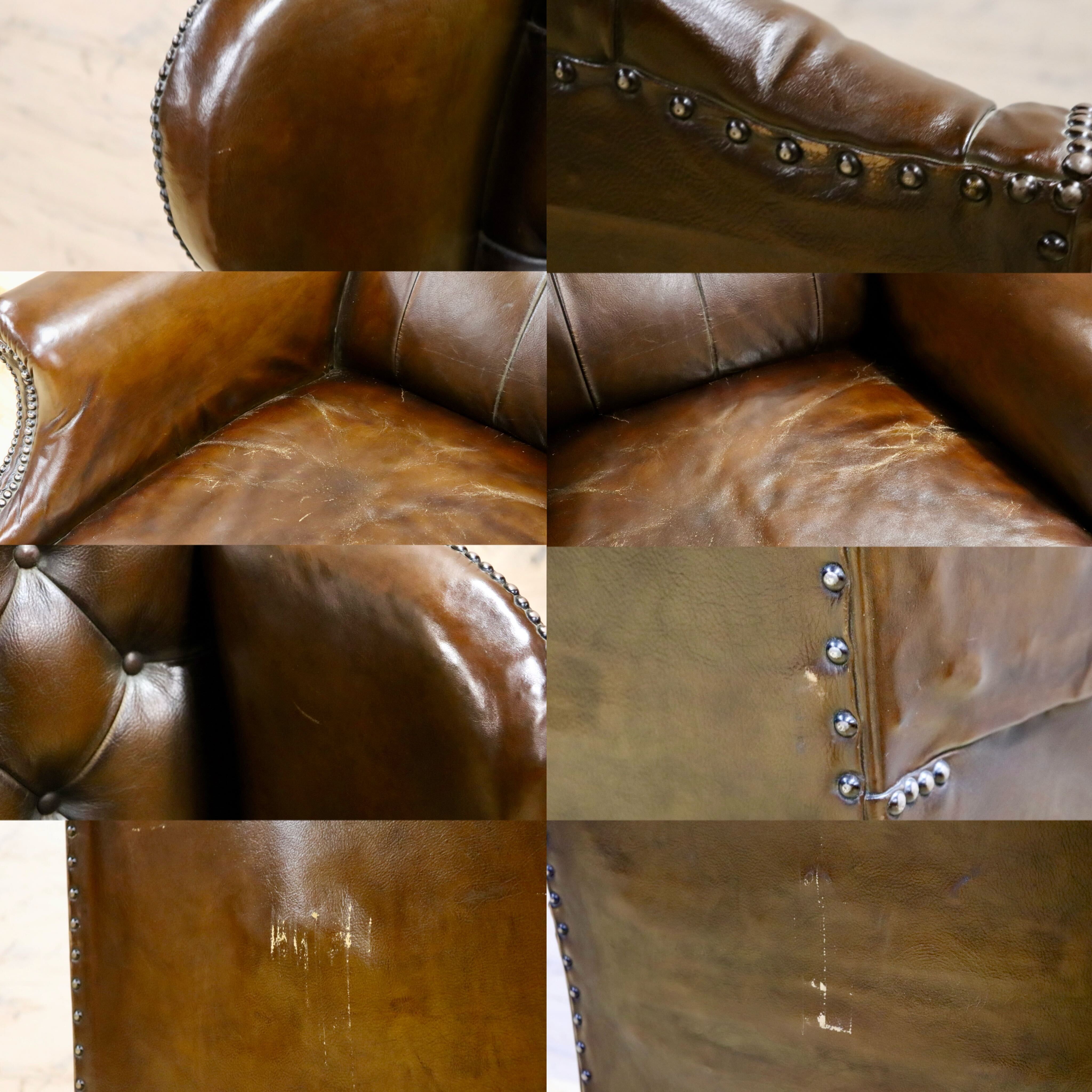 GMHH217○英国 アンティーク チェスターフィールド ウィングバッグ 1人掛けソファ シングルソファ 鋲打ち 本革 ブラウン ヴィンテージ