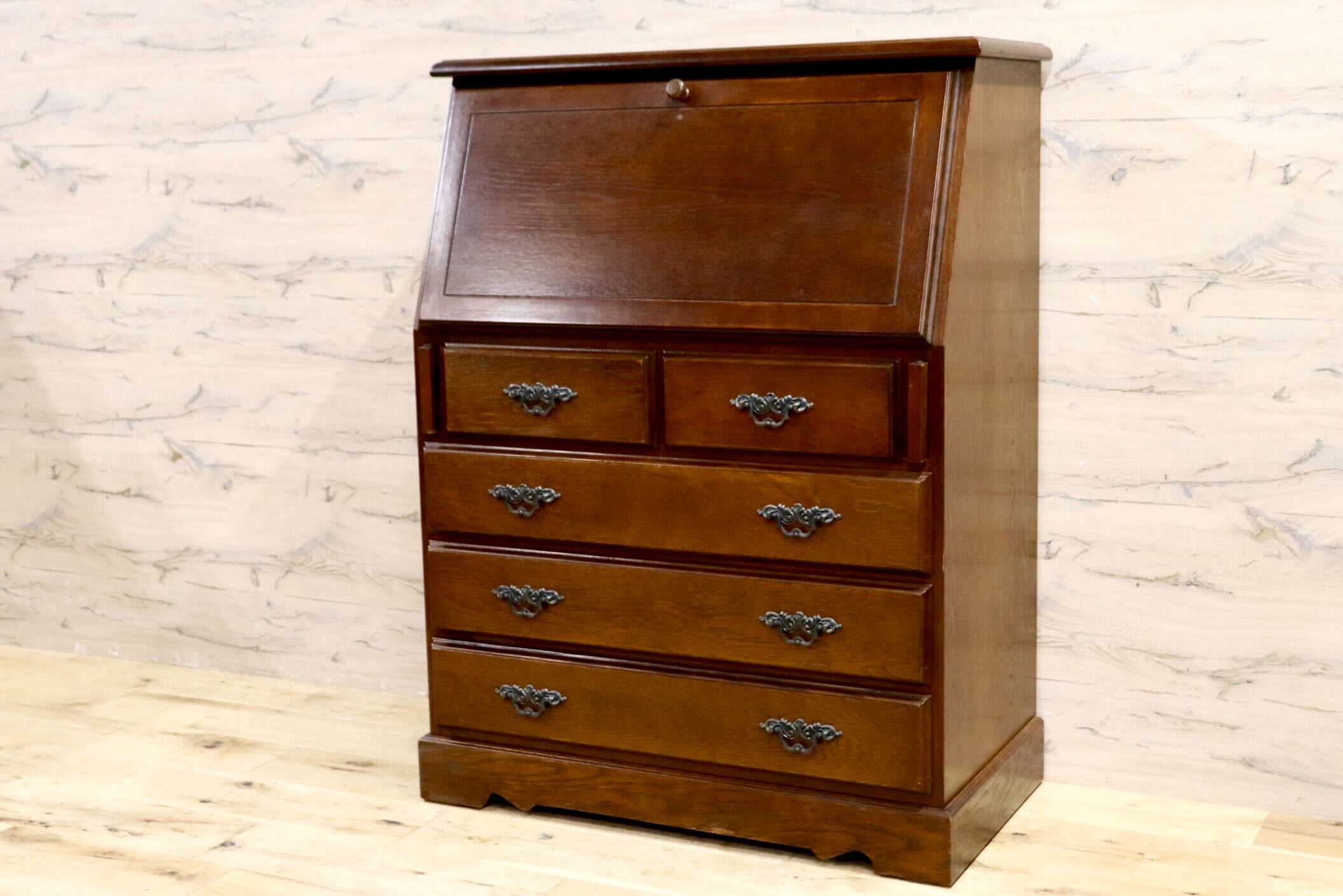 GMIS369○越後民芸家具 ライティングビューロー ライティングデスク 書斎机 学習机 アンティーク 楢材 レトロ 古民家