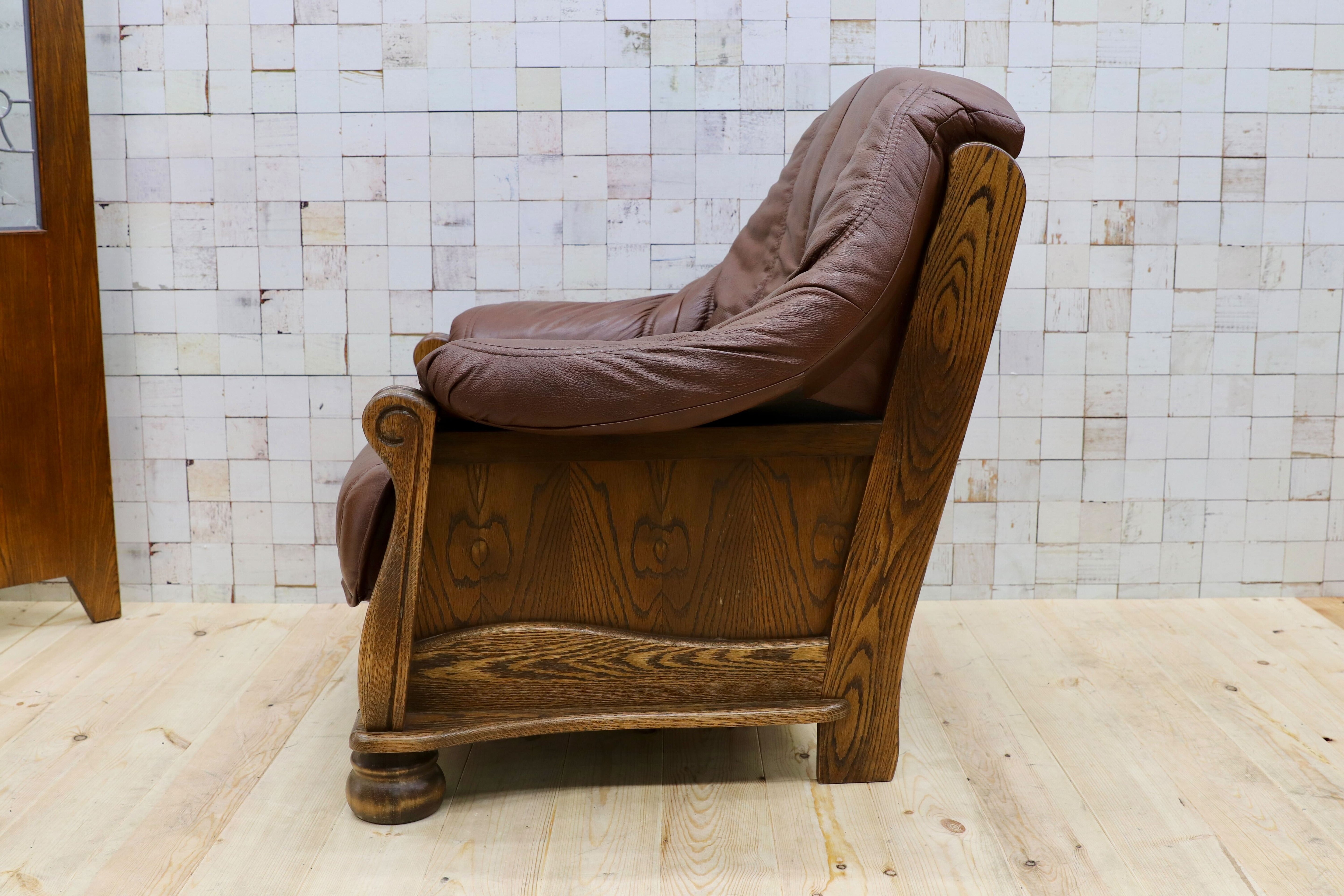 GMGT226A○オランダ製 ダッチカントリー 1人掛けソファ シングルソファ オーク材 本革 応接 リビング チェア 椅子 約35万 ヴィンテージ