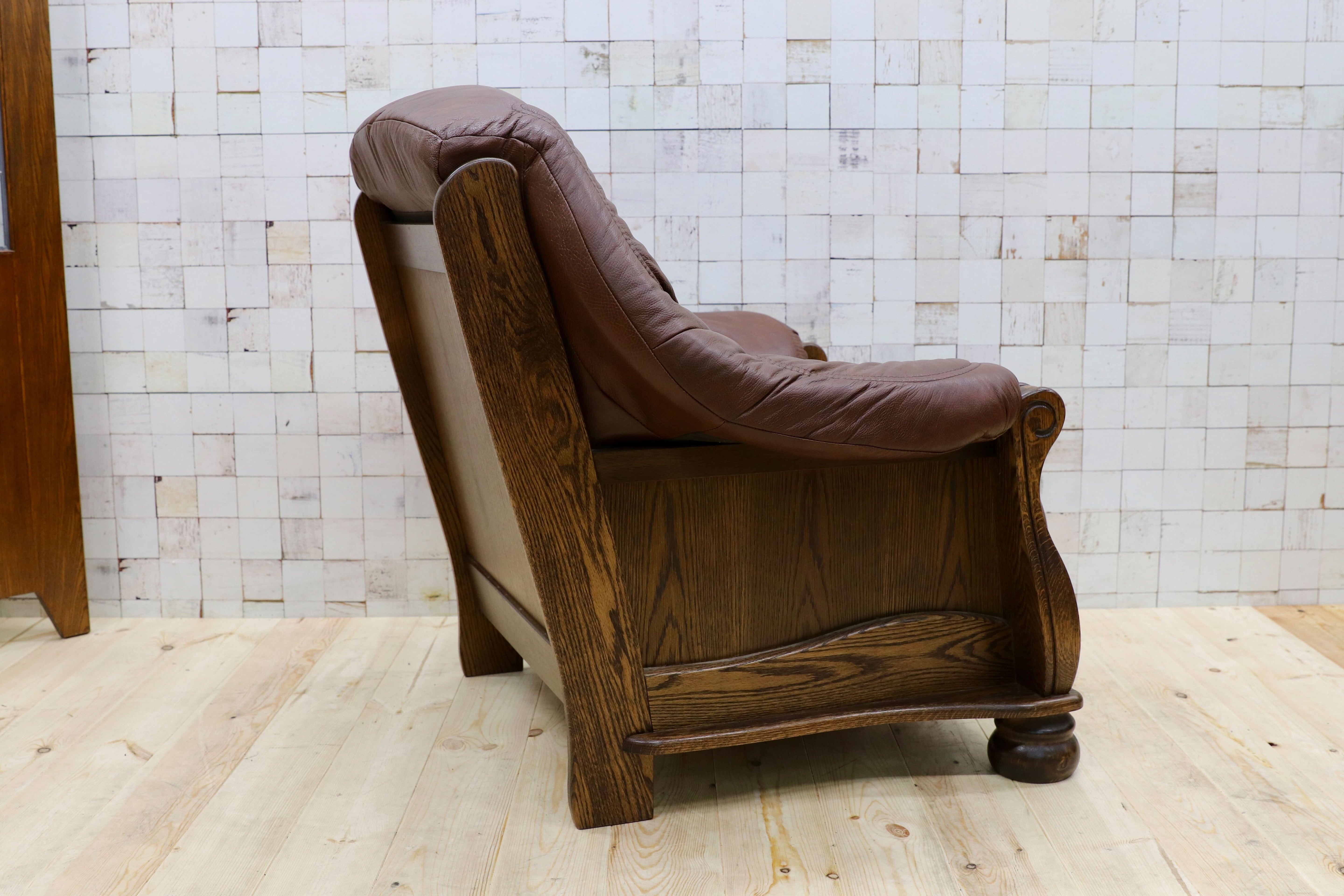 GMGT226A○オランダ製 ダッチカントリー 1人掛けソファ シングルソファ オーク材 本革 応接 リビング チェア 椅子 約35万 ヴィンテージ