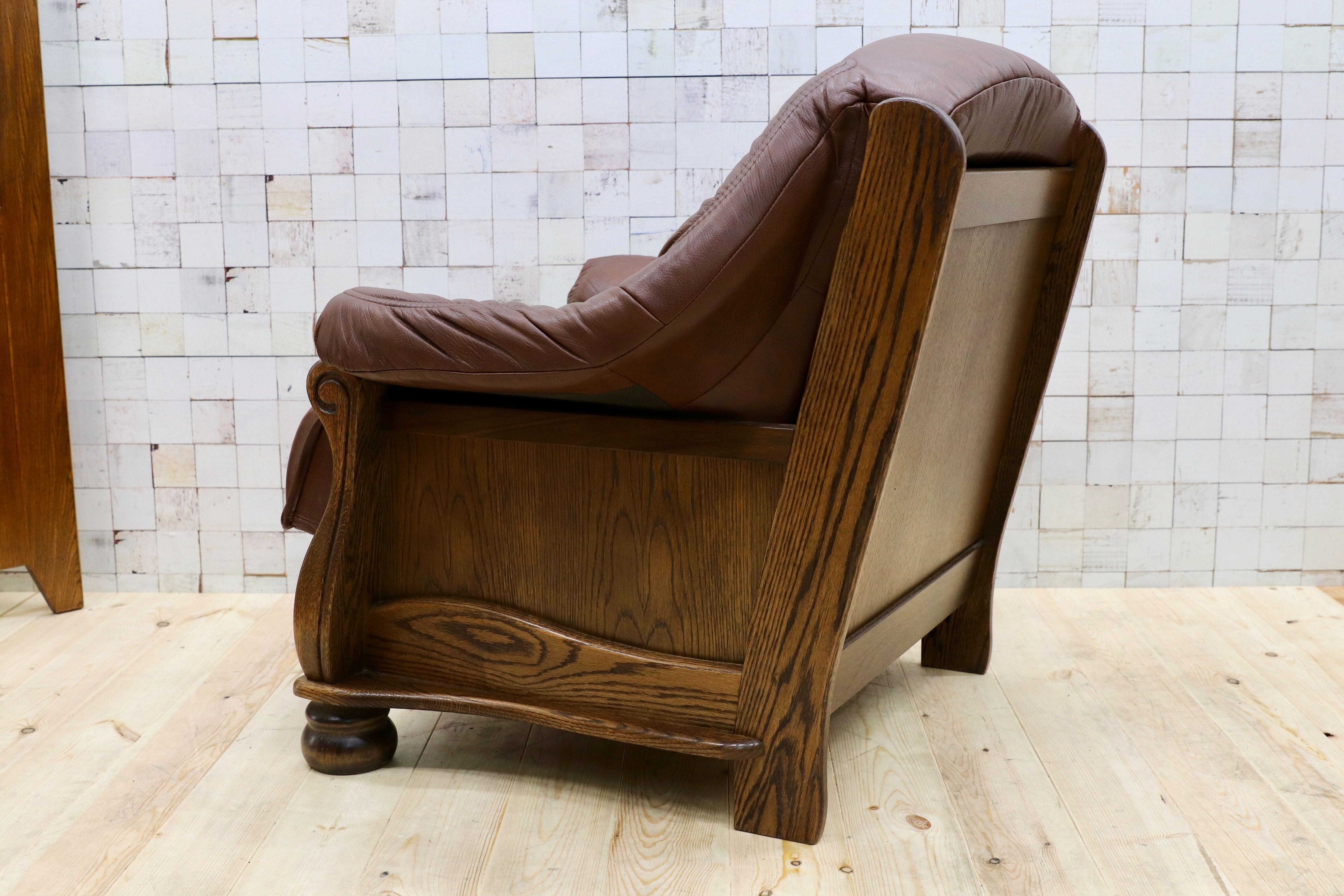 GMGT226B○オランダ製 ダッチカントリー 1人掛けソファ シングルソファ オーク材 本革 応接 リビング チェア 椅子 約35万 ヴィンテージ