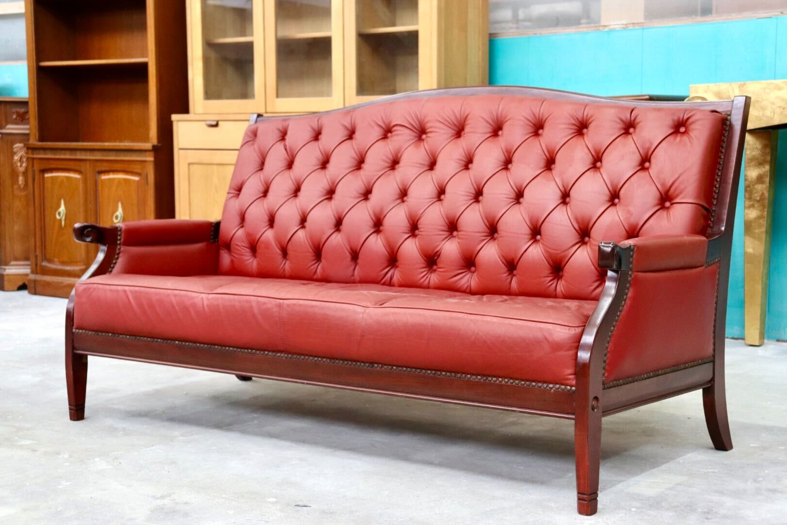 GMHK675○神戸洋家具 2.5人掛けソファ ラブソファ 長椅子 ヴィンテージ クラシック 本革 ラウンジ 検)メープル不二屋