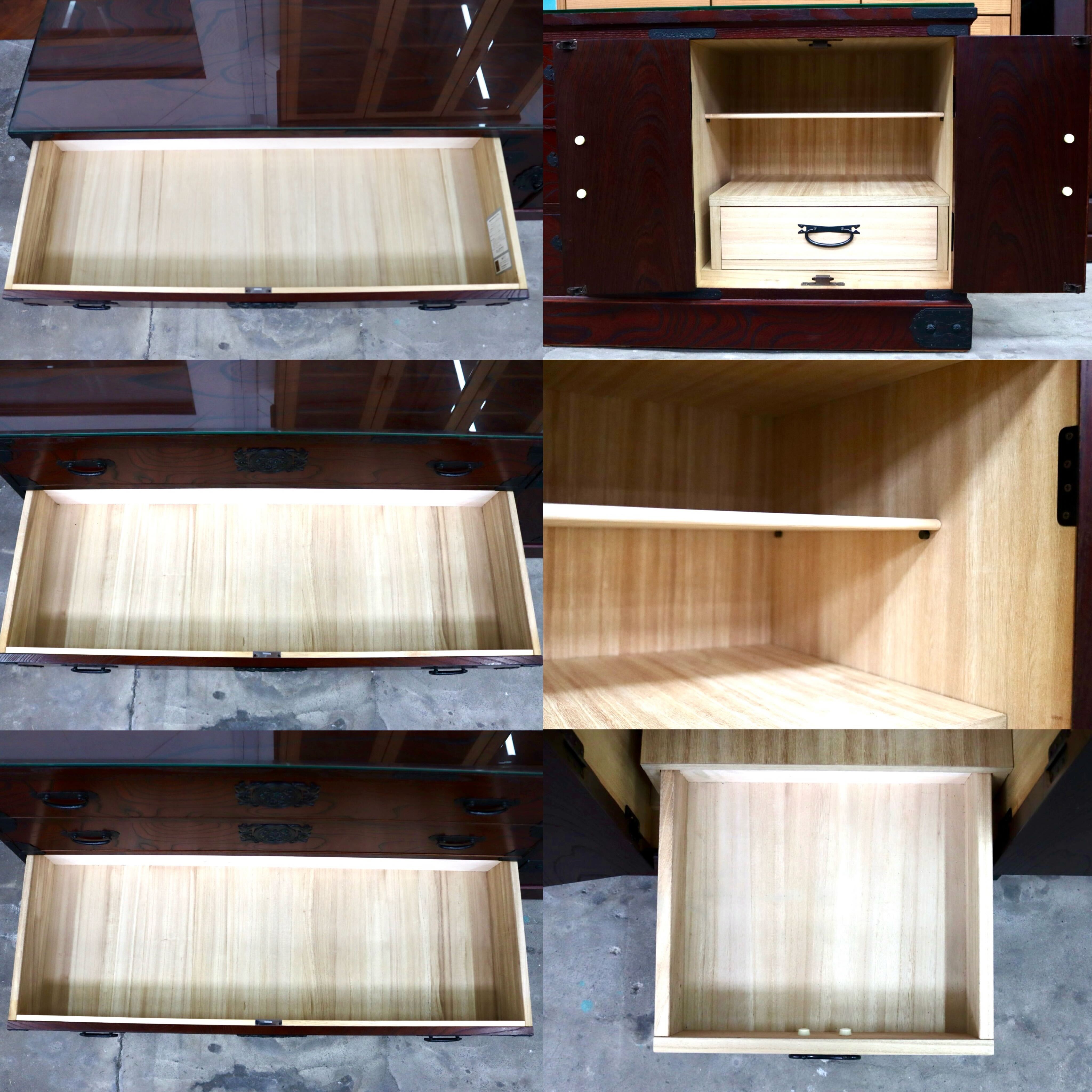 GMIH422B○筑後民芸家具 チェスト 整理箪笥 箪笥 タンス ローボード 引出し収納 欅材 ガラス 和家具 和モダン レトロ アンティーク調