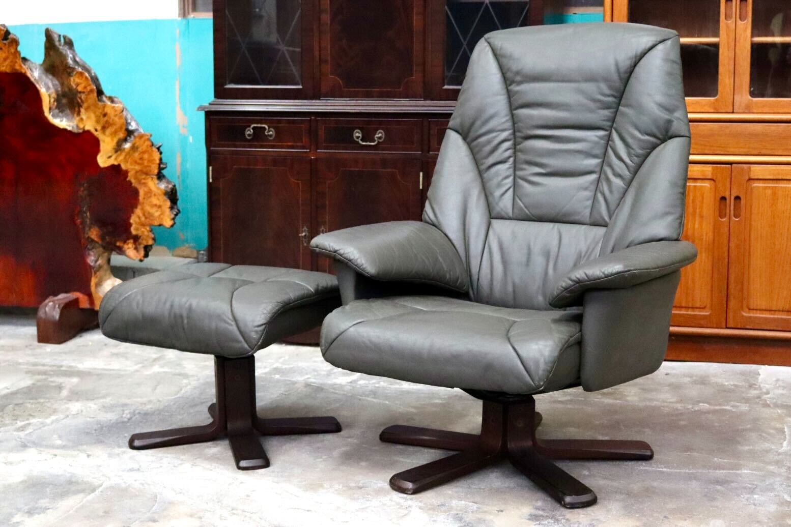 GMIK493○リクライニングチェア シングルソファ パーソナルチェア 回転椅子 オットマン 本革 グレー 検)エコーネス 冨士ファニチア