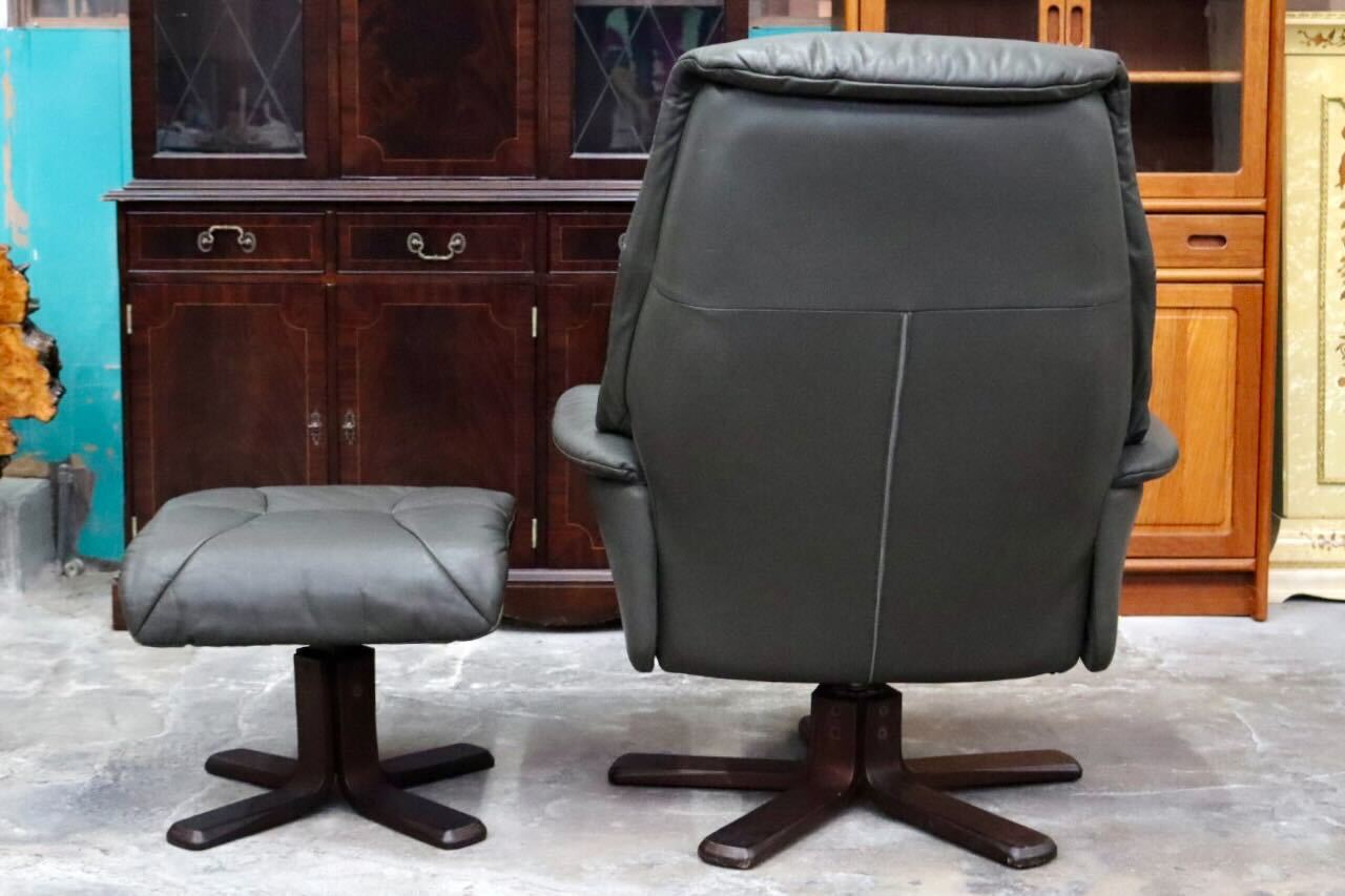 GMIK493○リクライニングチェア シングルソファ パーソナルチェア 回転椅子 オットマン 本革 グレー 検)エコーネス 冨士ファニチア