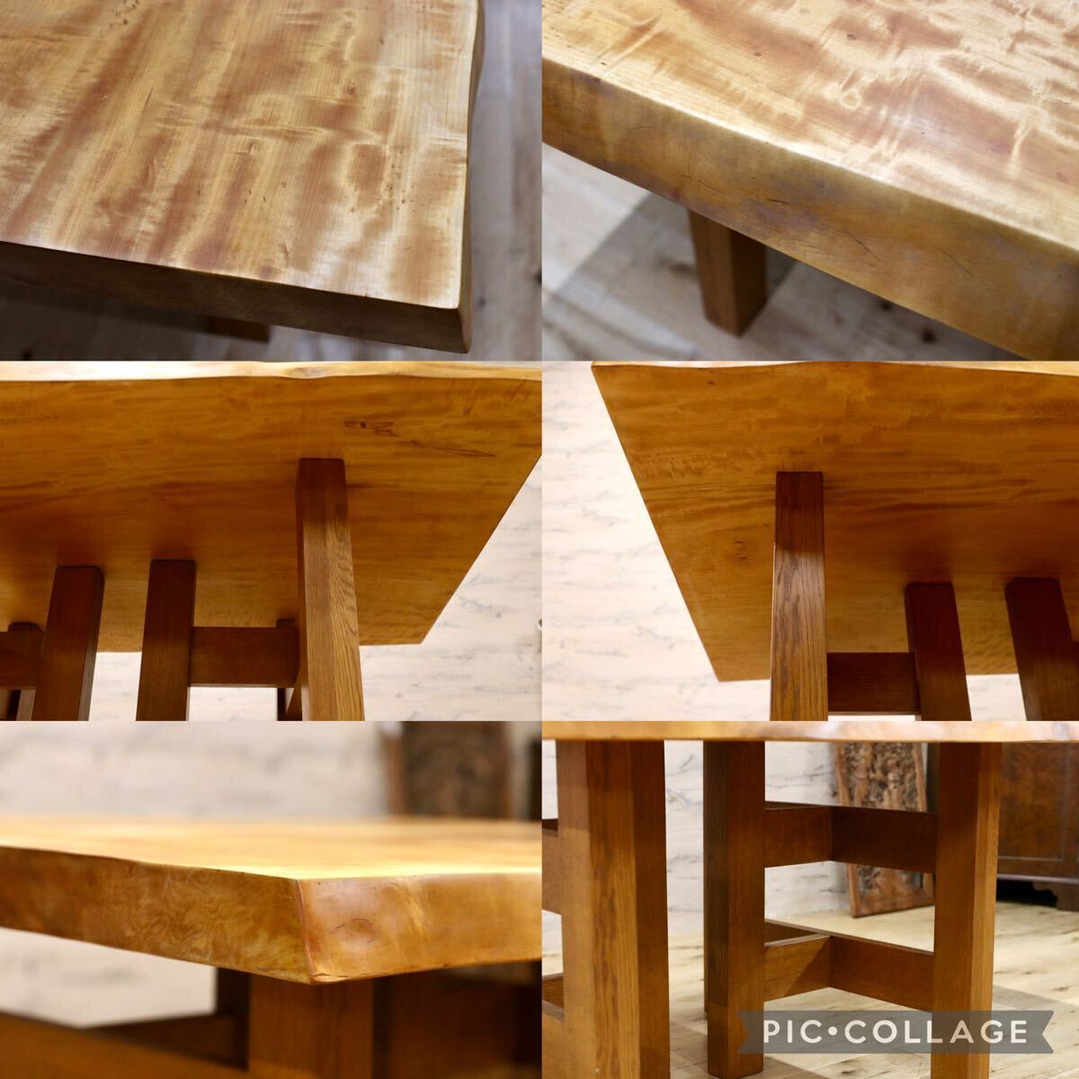 GMJH335○栃 トチ 一枚板 テーブル 無垢材 天然木 縮み杢 玉杢 木組み脚 作業台 ダイニングテーブル 国産家具