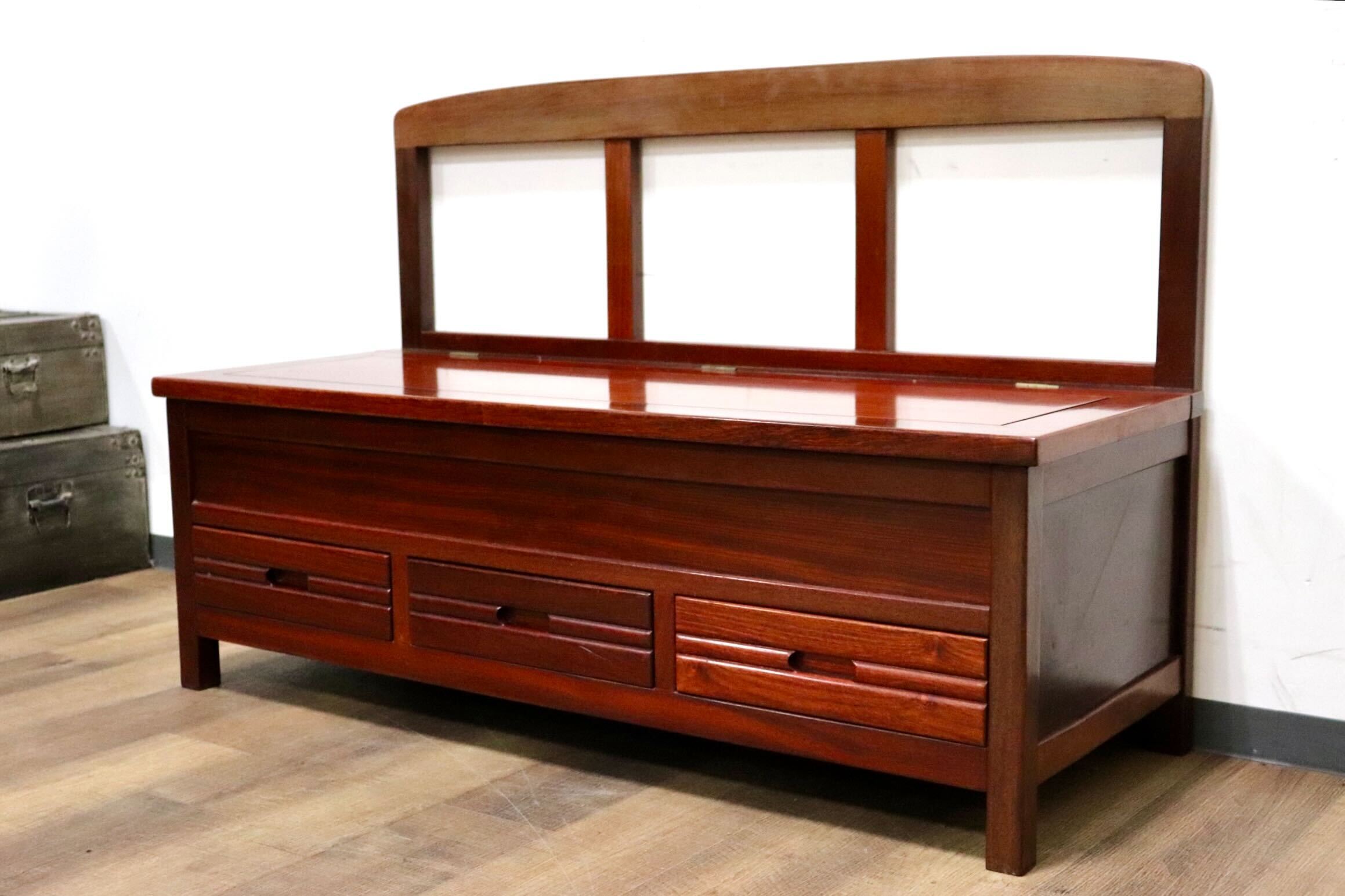 GMHH266○唐木 花梨 無垢材 ダイニングチェア 囲炉裏ベンチ 食卓椅子 和家具 収納付き 炉端 和モダン 漆塗り レトロ アンティーク 希少