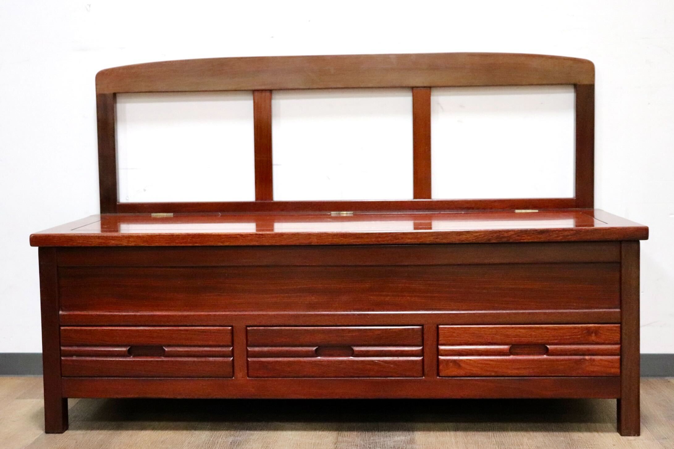 GMHH266○唐木 花梨 無垢材 ダイニングチェア 囲炉裏ベンチ 食卓椅子 和家具 収納付き 炉端 和モダン 漆塗り レトロ アンティーク 希少