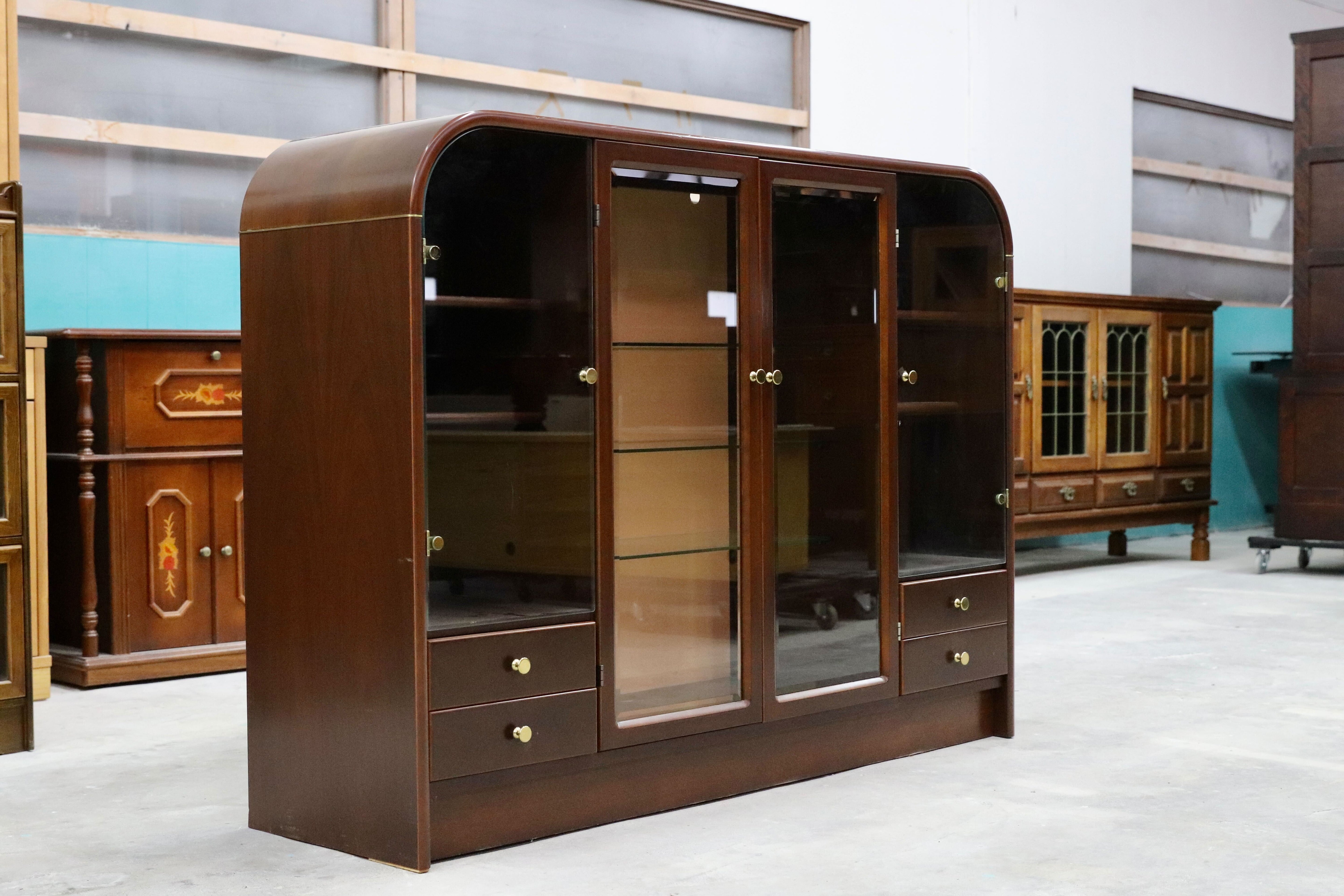 GMHH462○冨士ファニチア / FUJI FURNITURE 国産 ヴィンテージ サイドボード リビングボード キュリオ キャビネット 飾り棚 稀少