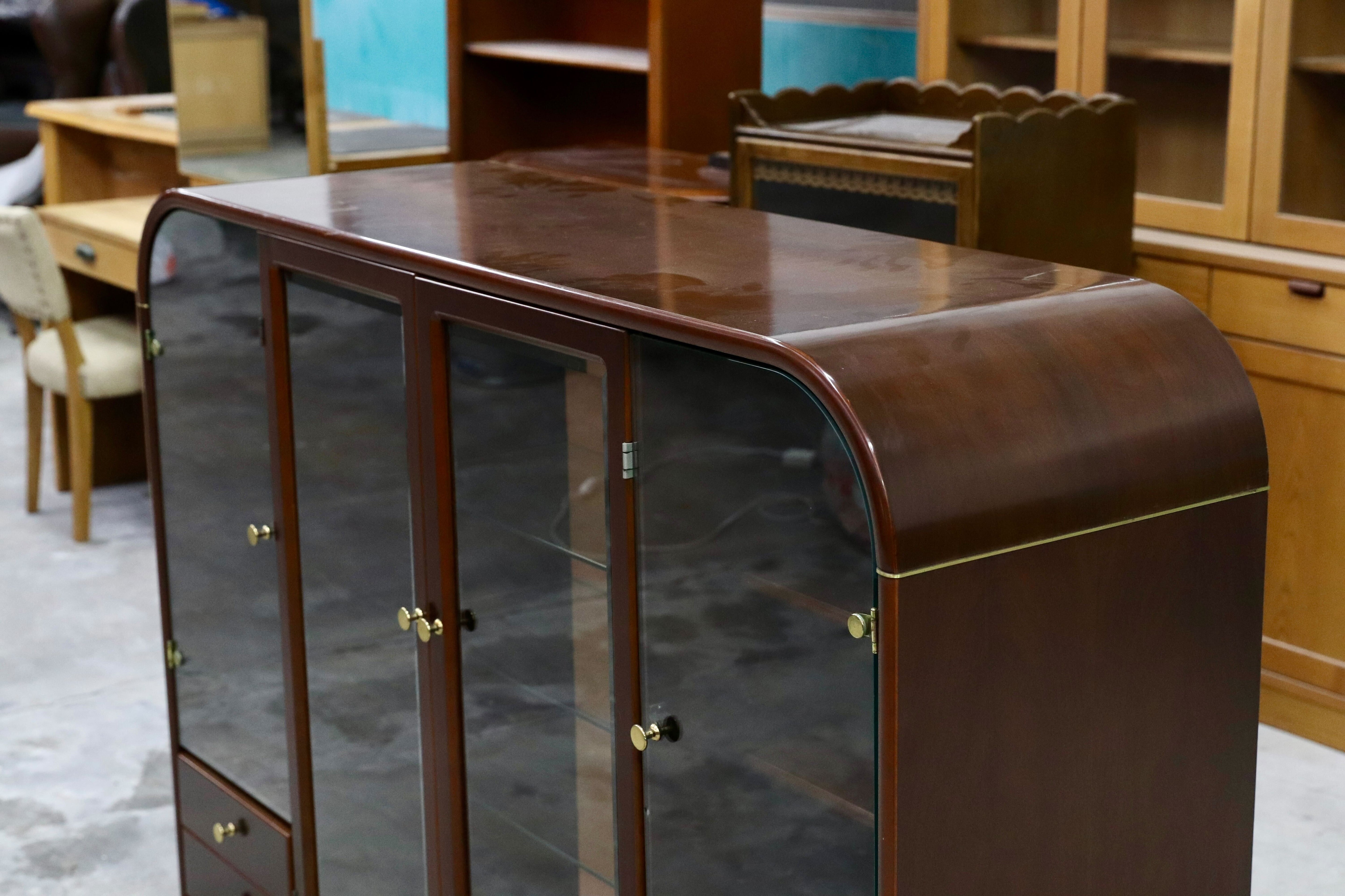 GMHH462○冨士ファニチア / FUJI FURNITURE 国産 ヴィンテージ サイドボード リビングボード キュリオ キャビネット 飾り棚 稀少