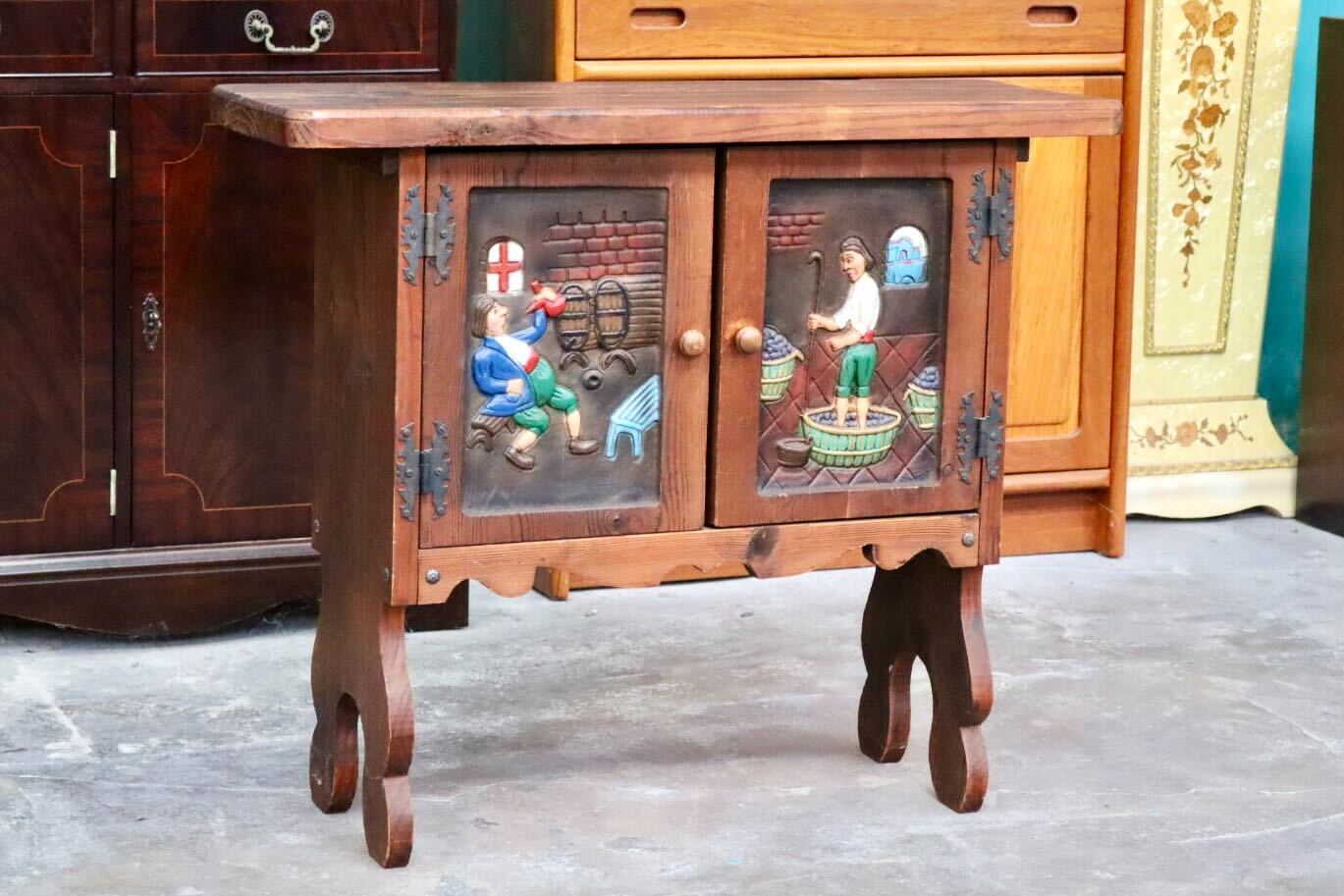 GMIK454○スペイン家具 キャビネット ラック サイドボード 収納棚 飾り台 花台 木製 無垢材 木彫り ハンドペイント クラシック レトロ