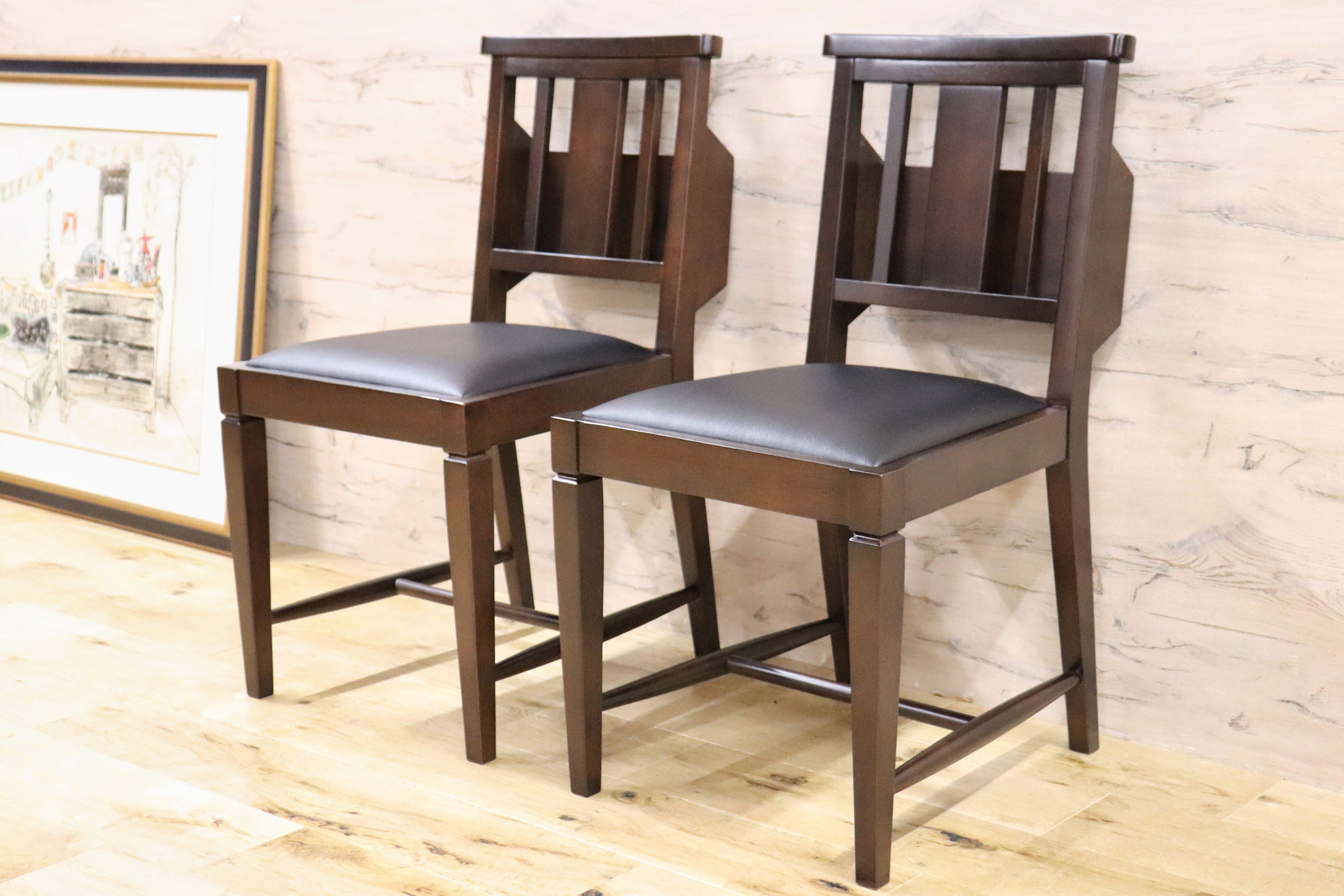 GMGN342W○CHERRY FURNITURE / 桜屋工業 ダイニングチェア チャーチチェア マガジンラック 合皮 ダークブラウン 2脚セット モダン 未使用品