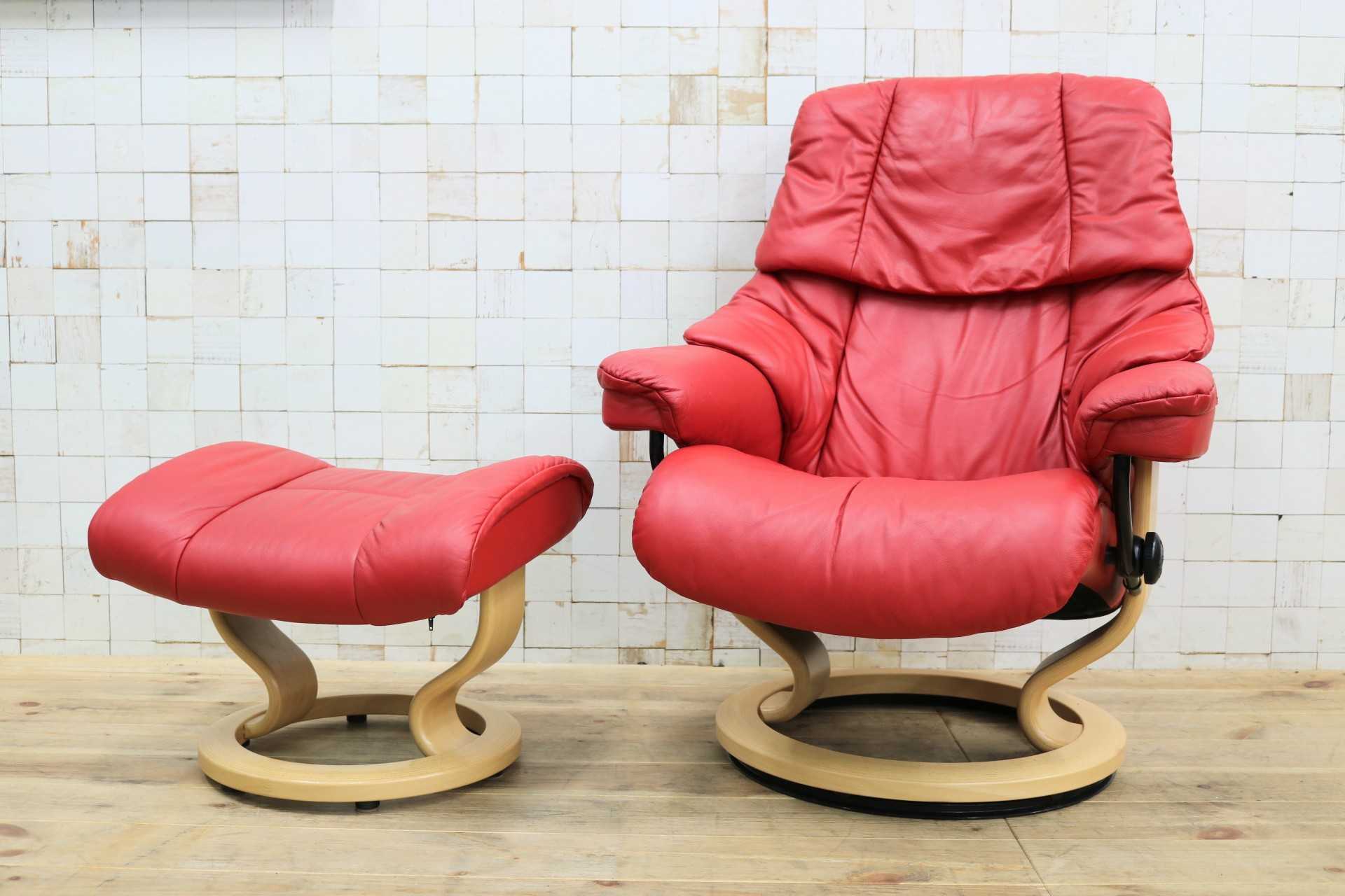 GMIS440A○EKORNES / エコーネス ストレスレスレノ Reno リクライニングチェア シングルソファ オットマン 赤 本革 北欧 ノルウェー