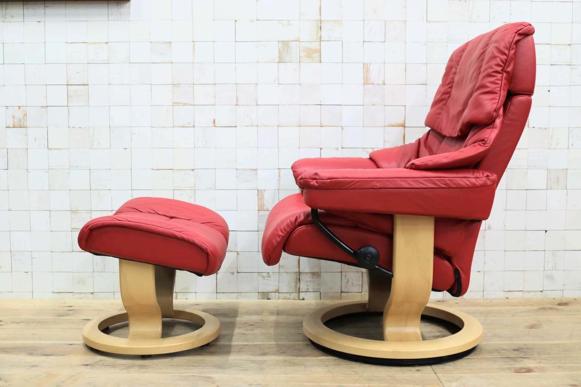 GMIS440A○EKORNES / エコーネス ストレスレスレノ Reno リクライニングチェア シングルソファ オットマン 赤 本革 北欧 ノルウェー