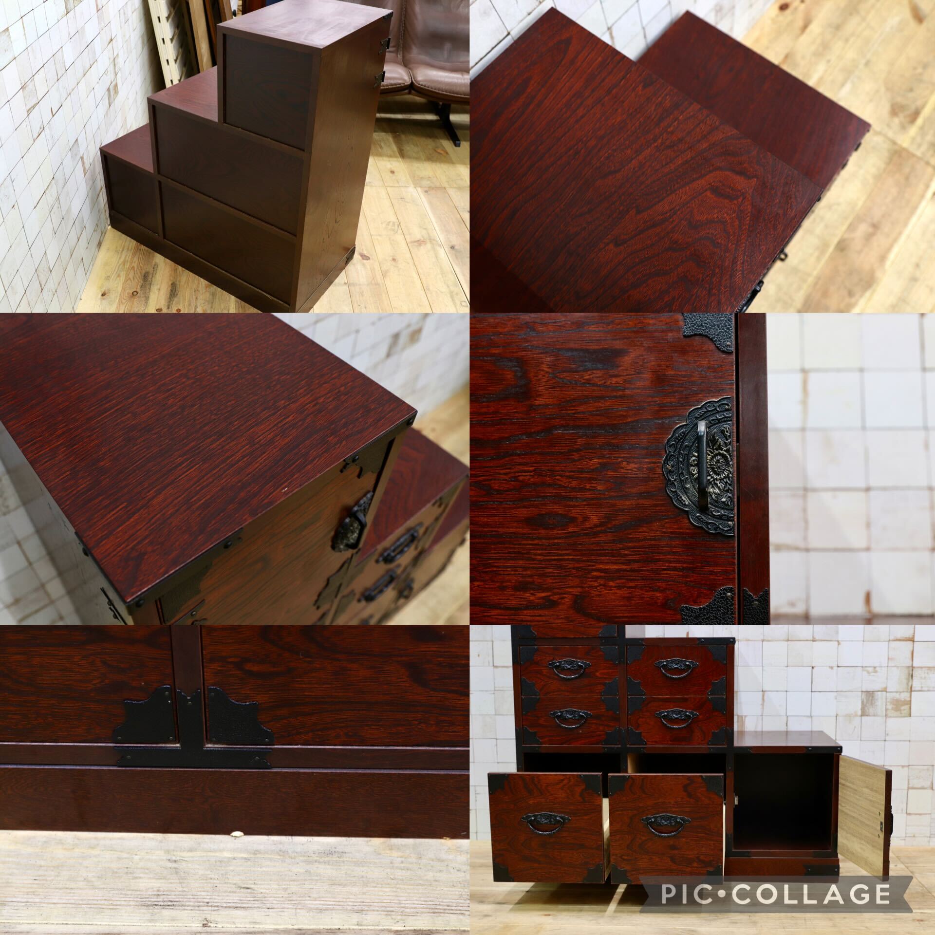 GMIK441B○時代箪笥 和製アンティーク 階段箪笥 引出し収納家具 整理箪笥 和家具 昭和レトロ 古道具 タンス