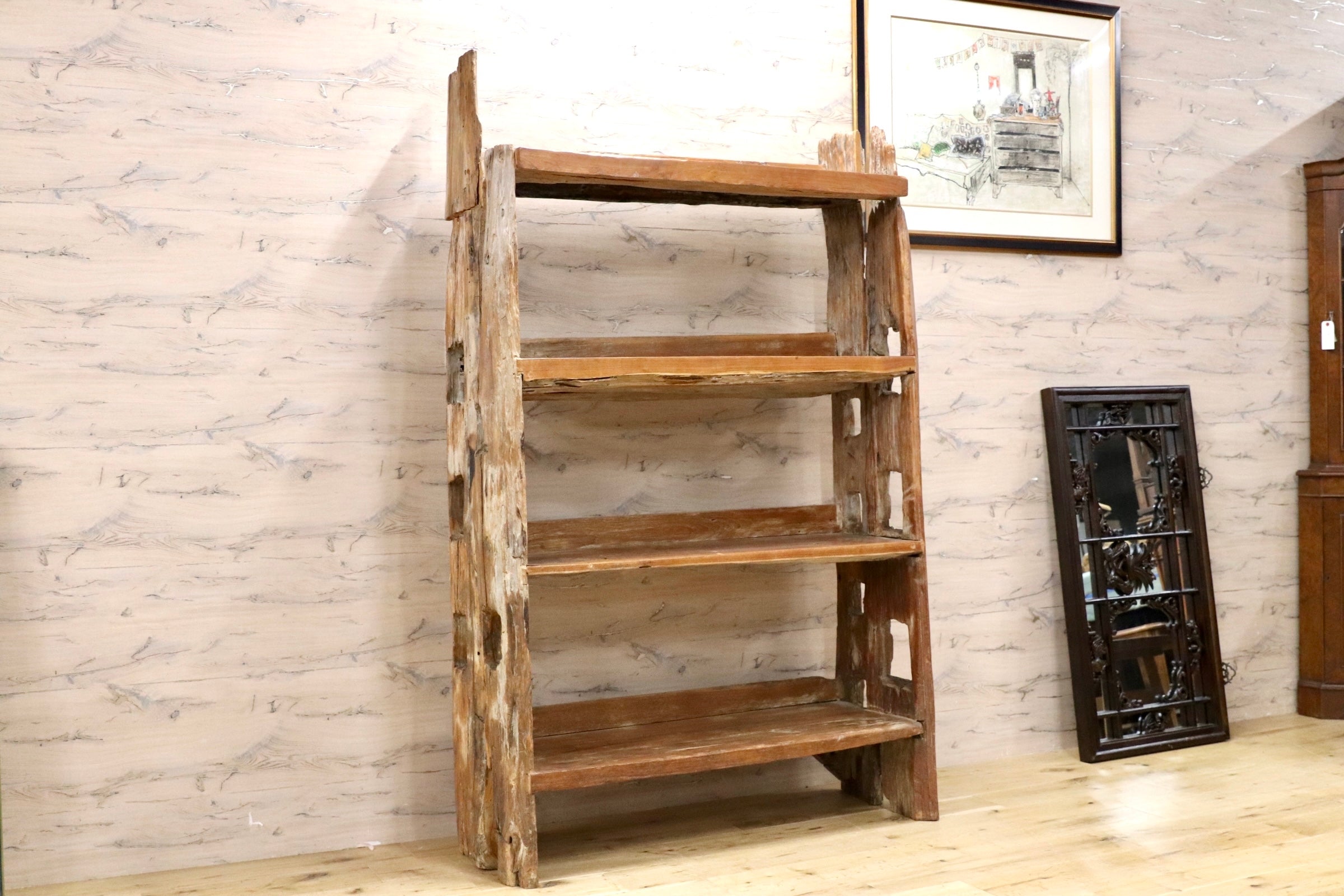 GMJK319◯アジアンヴィンテージ 古材 木製 オープンシェルフ 飾り棚 ディスプレイラック 店舗什器 ラスティック家具