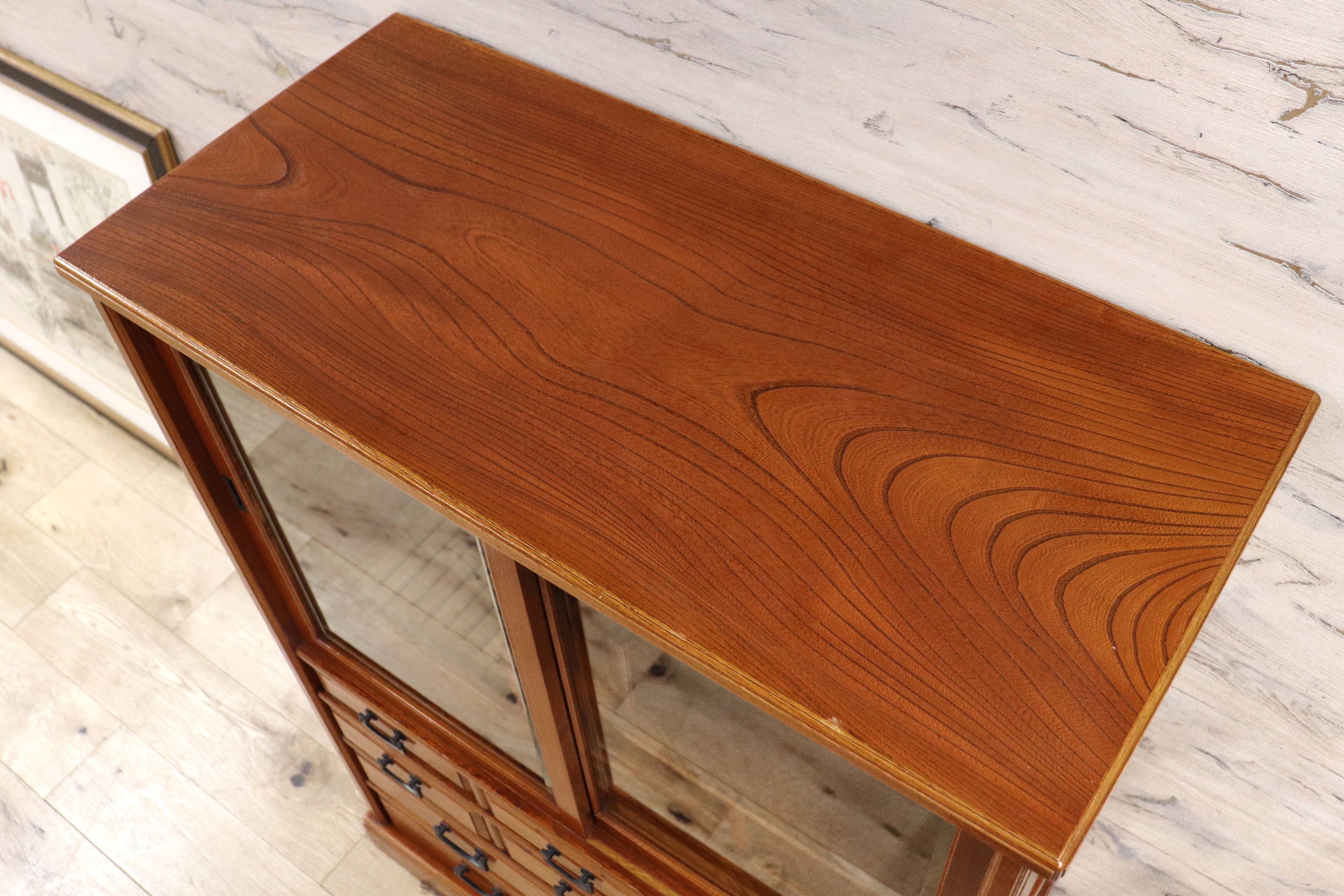 GMGH301○茶箪笥 欅材 小ぶりな茶棚 飾り棚 収納棚 民芸家具 和家具 和室 茶室 座敷 古民家 レトロ アンティーク 和モダン