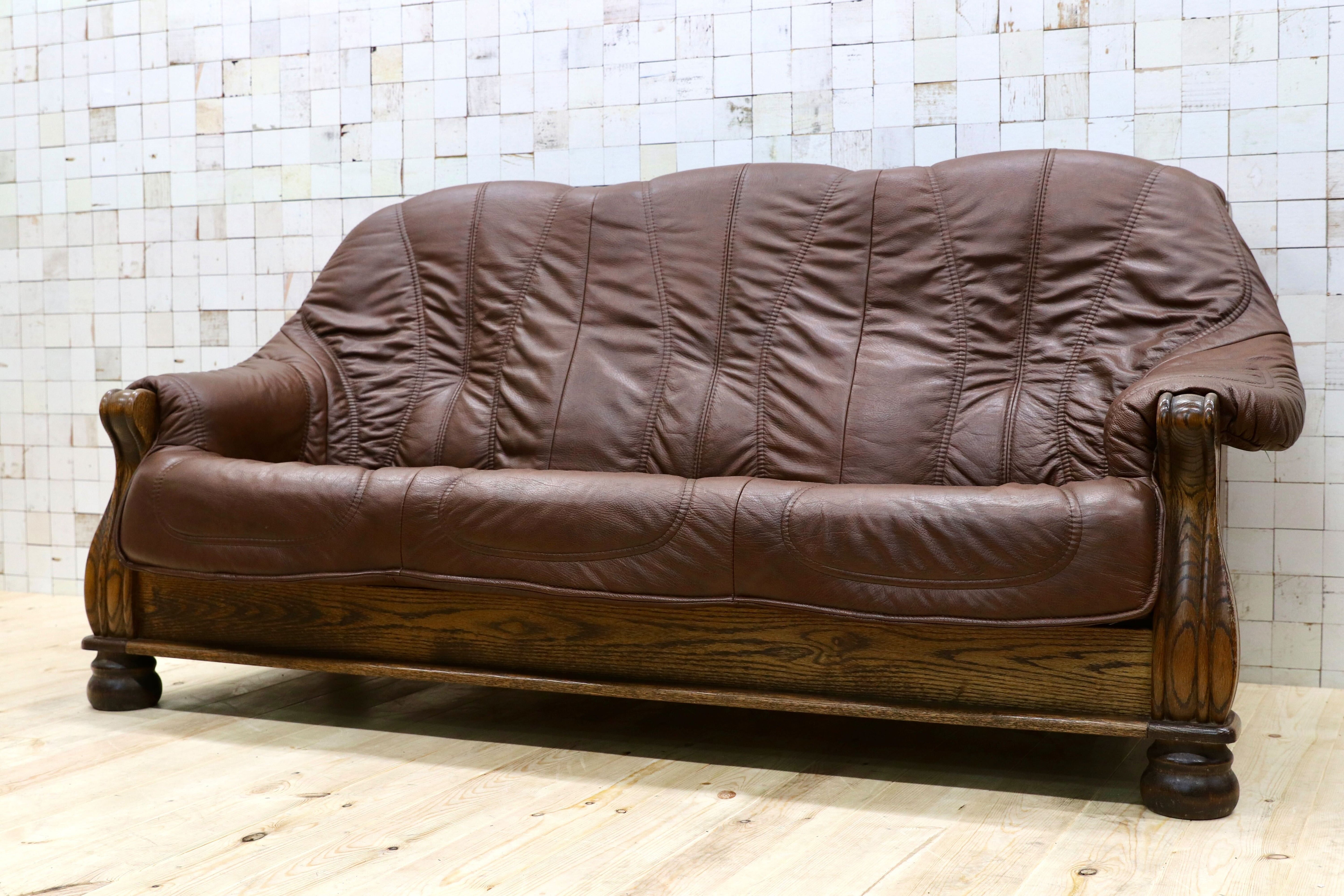 GMGT226○オランダ製 ダッチカントリー 3人掛けソファ トリプルソファ オーク材 本革 応接 リビング チェア 椅子 約70万 ヴィンテージ