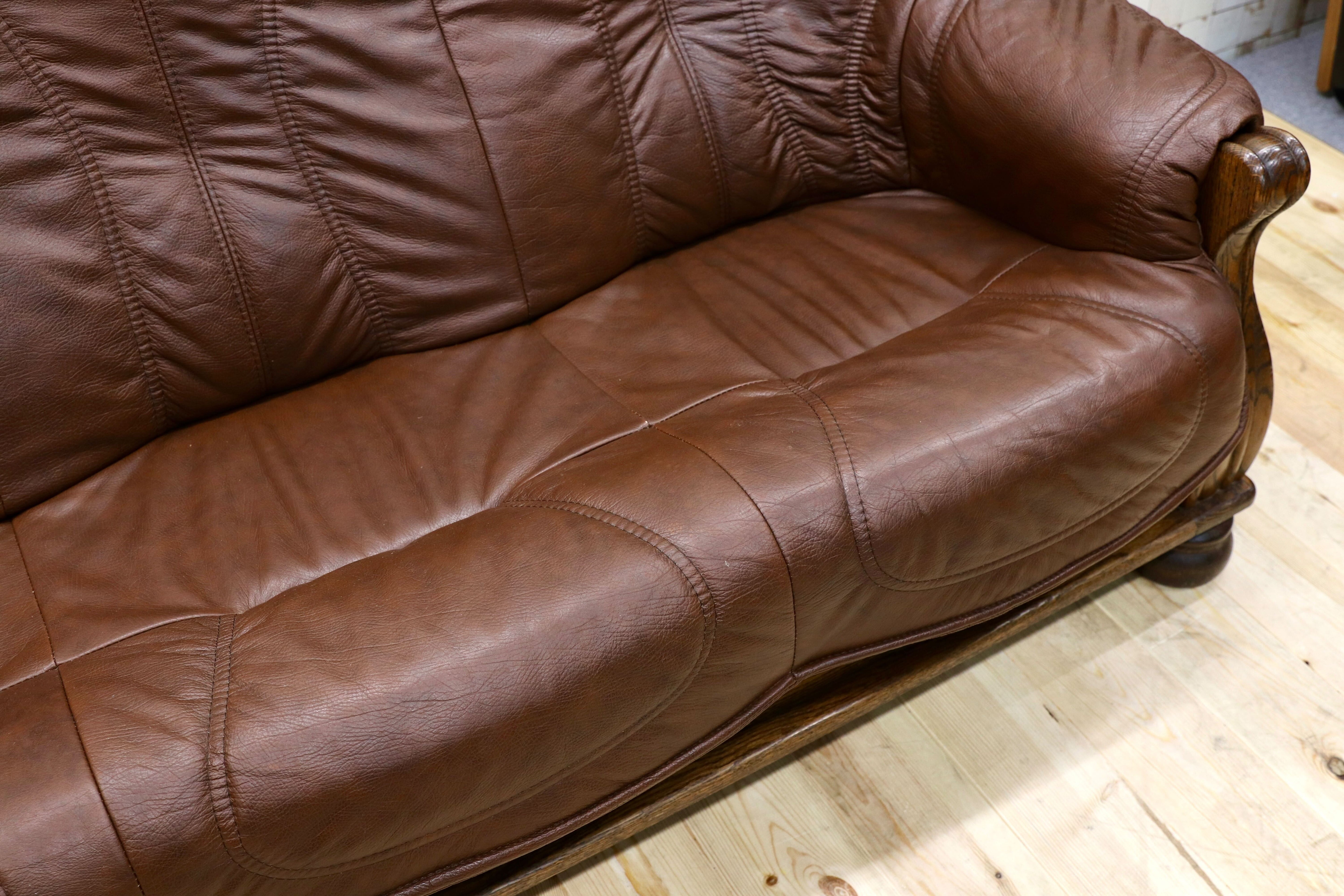 GMGT226○オランダ製 ダッチカントリー 3人掛けソファ トリプルソファ オーク材 本革 応接 リビング チェア 椅子 約70万 ヴィンテージ