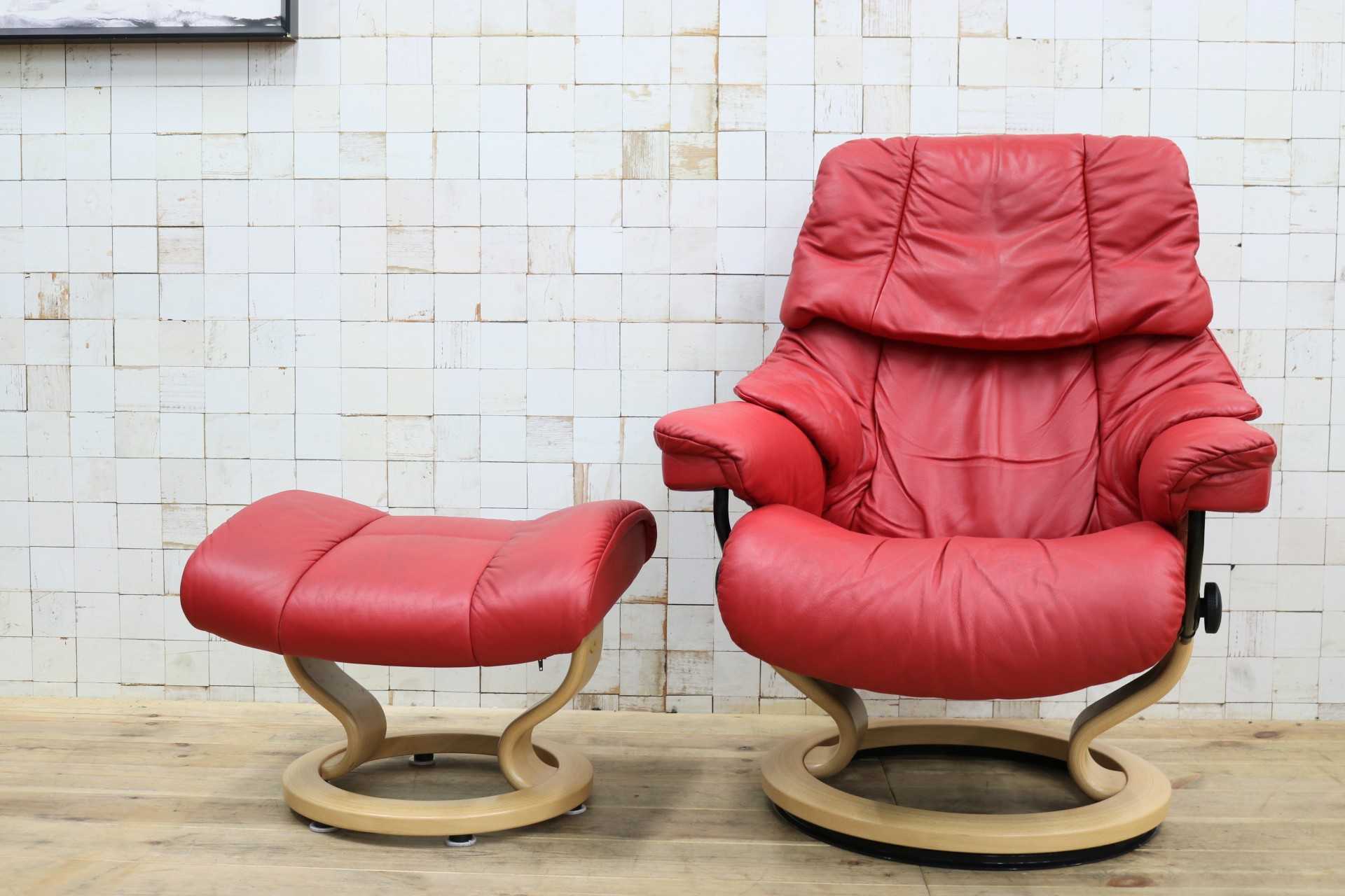 GMIS440B○EKORNES / エコーネス ストレスレスレノ Reno リクライニングチェア シングルソファ オットマン 赤 本革 北欧 ノルウェー