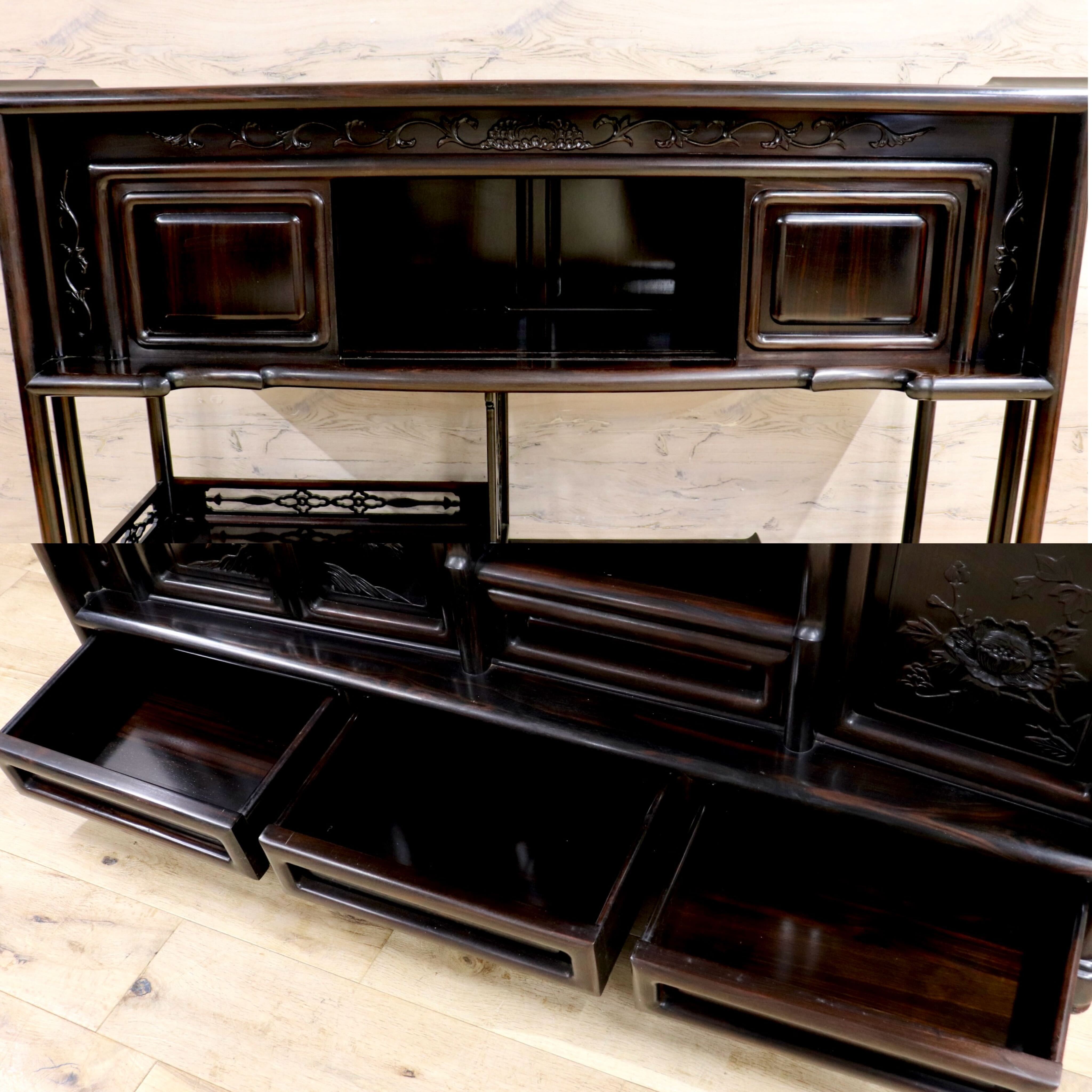 GMIH344○黒檀 茶棚 飾り棚 違い棚 サイドボード キャビネット 唐木家具 透かし彫り 和家具 レトロ 和室 和モダン 唐木家具 アンティーク