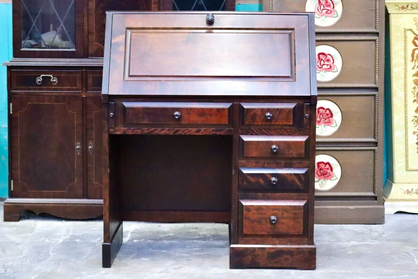 GMIS324○北海道民芸家具 ライティングビューロー デスク 学習机 勉強机 樺材 無垢 作業台 和室 座敷 和家具 古民家 和モダン アンティーク