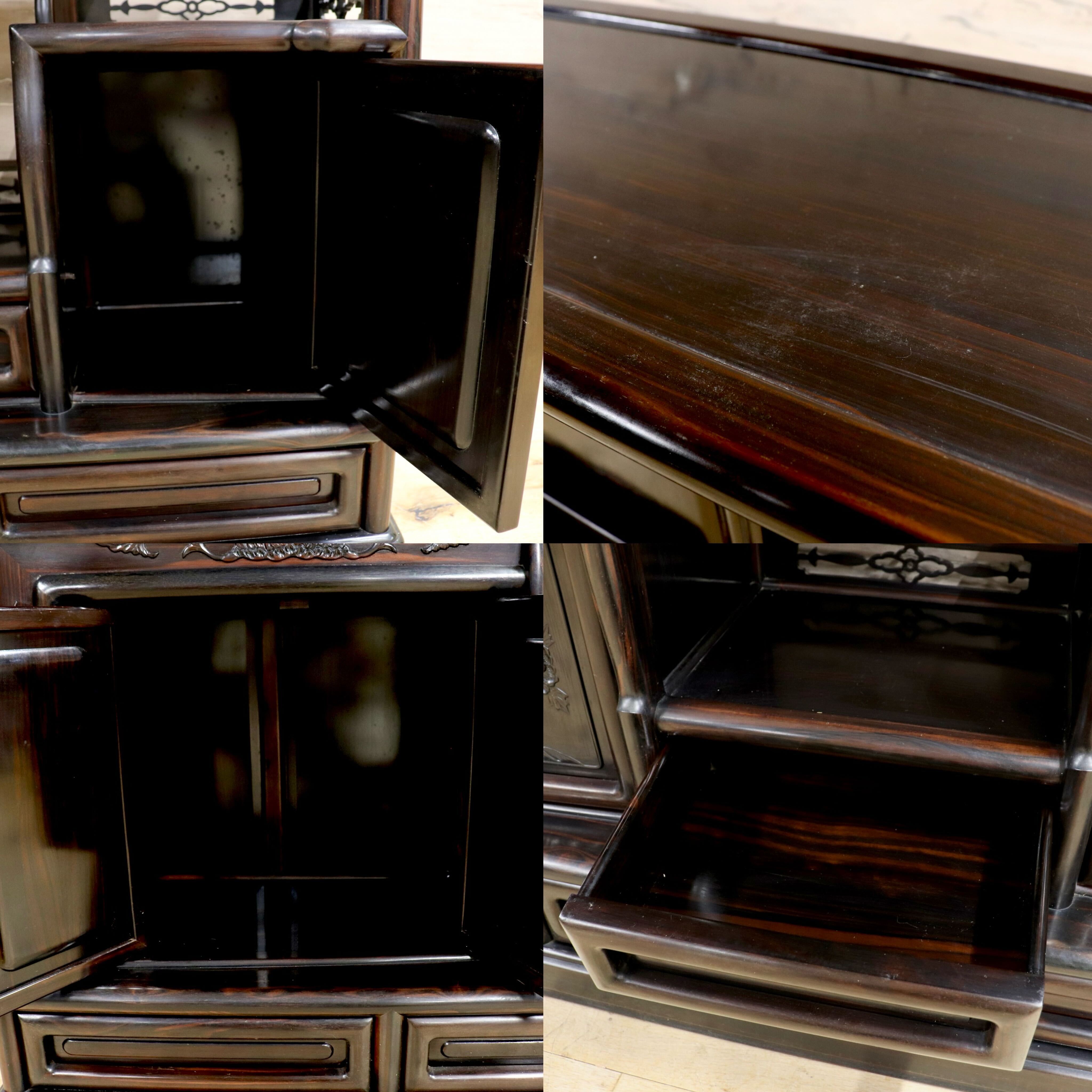 GMIH344○黒檀 茶棚 飾り棚 違い棚 サイドボード キャビネット 唐木家具 透かし彫り 和家具 レトロ 和室 和モダン 唐木家具 アンティーク