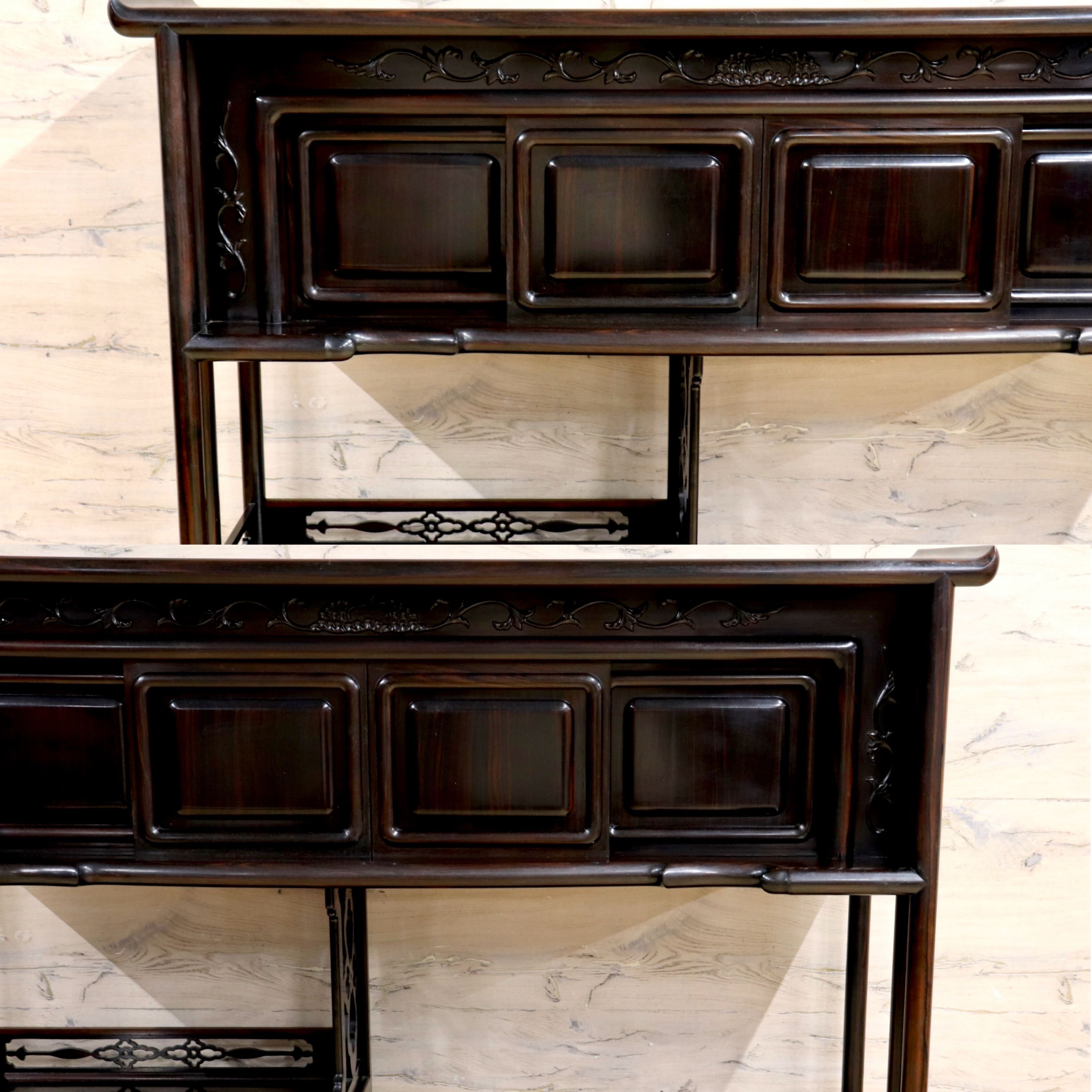 GMIH344○黒檀 茶棚 飾り棚 違い棚 サイドボード キャビネット 唐木家具 透かし彫り 和家具 レトロ 和室 和モダン 唐木家具 アンティーク