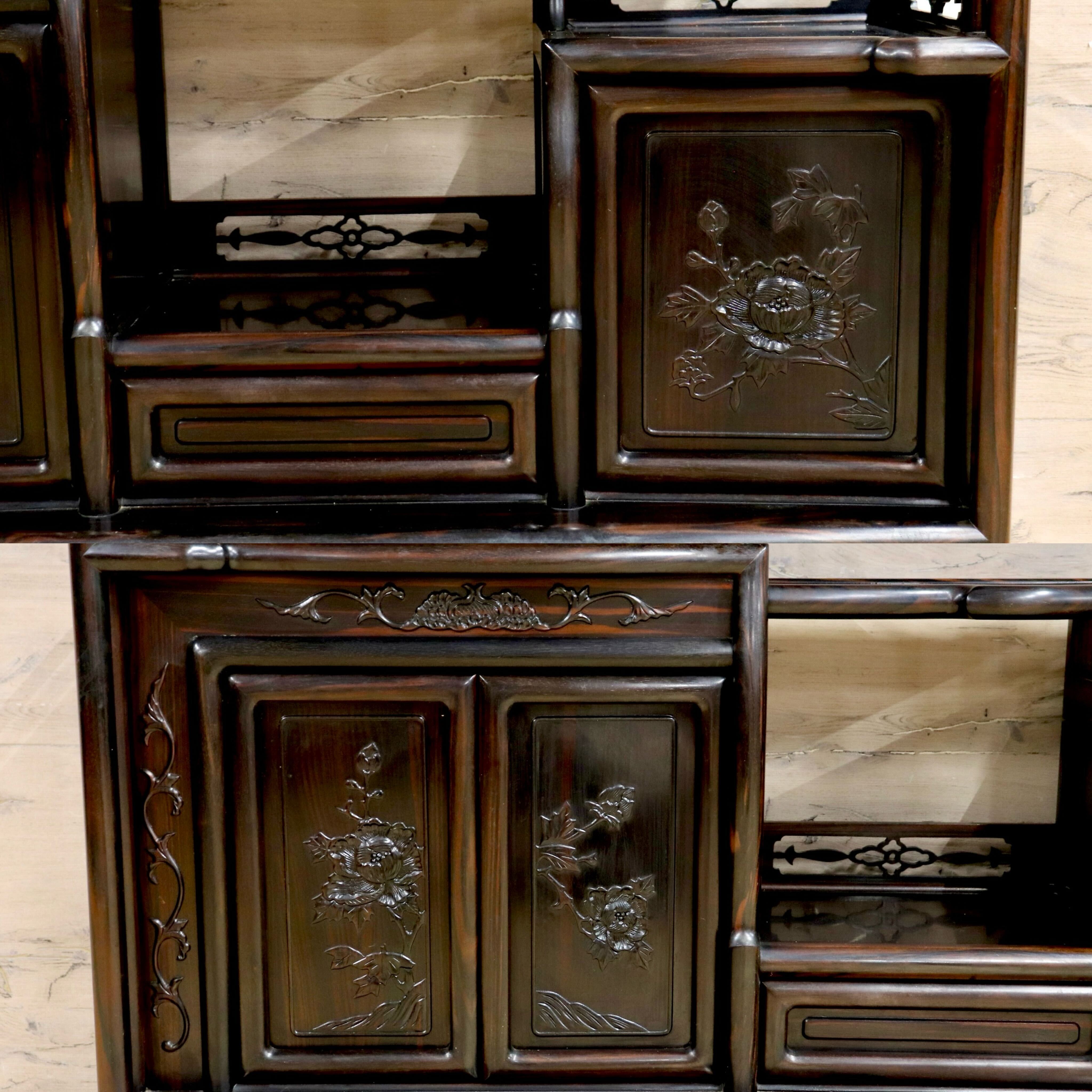 GMIH344○黒檀 茶棚 飾り棚 違い棚 サイドボード キャビネット 唐木家具 透かし彫り 和家具 レトロ 和室 和モダン 唐木家具 アンティーク