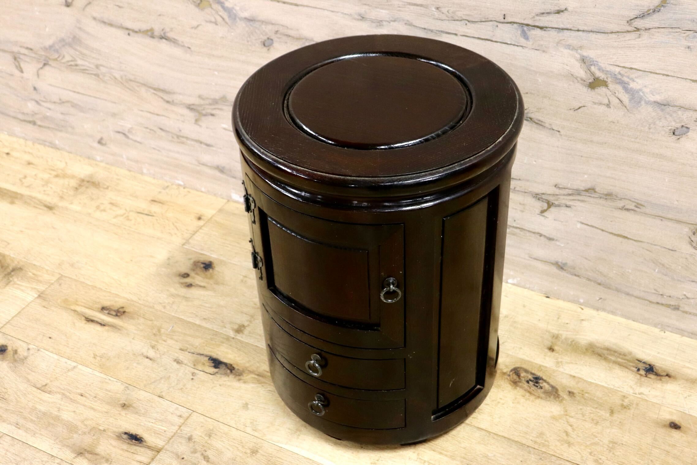 GMIK769○博永家具 / HIRONAGA 木製スツール 収納付き 椅子 花台 民芸家具 国産 漆塗り 和モダン レトロ